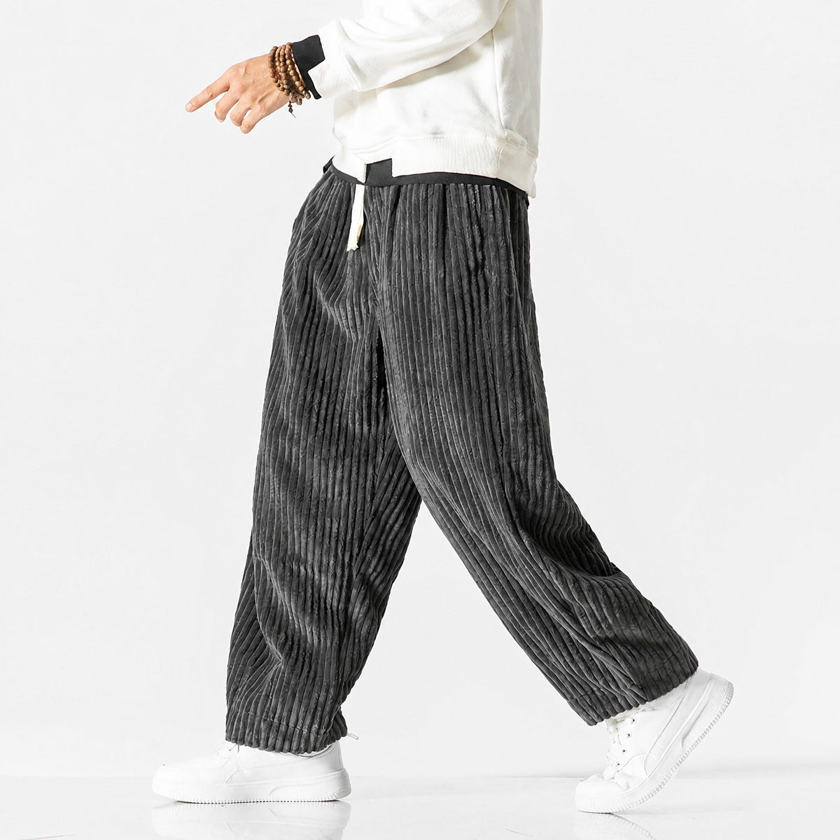 Charlie - Men's Corduroy Wide-Leg Harem Trousers with Drawstring Waist - Trousers - Grey - Davies & Cooper