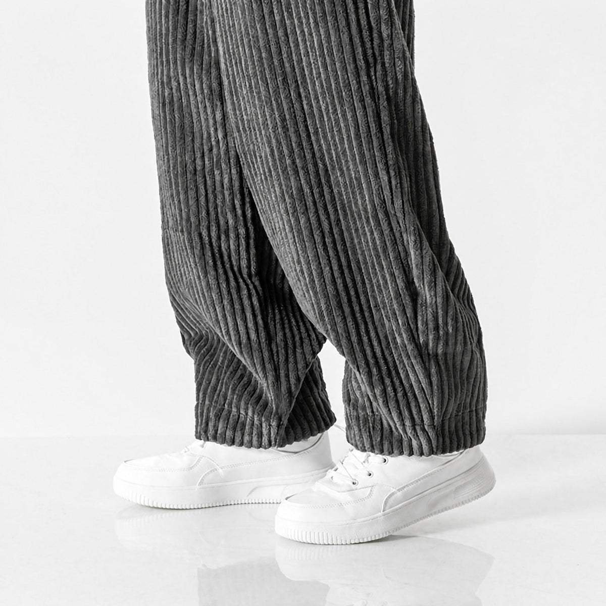 Charlie - Men's Corduroy Wide-Leg Harem Trousers with Drawstring Waist - Trousers - Grey - Davies & Cooper