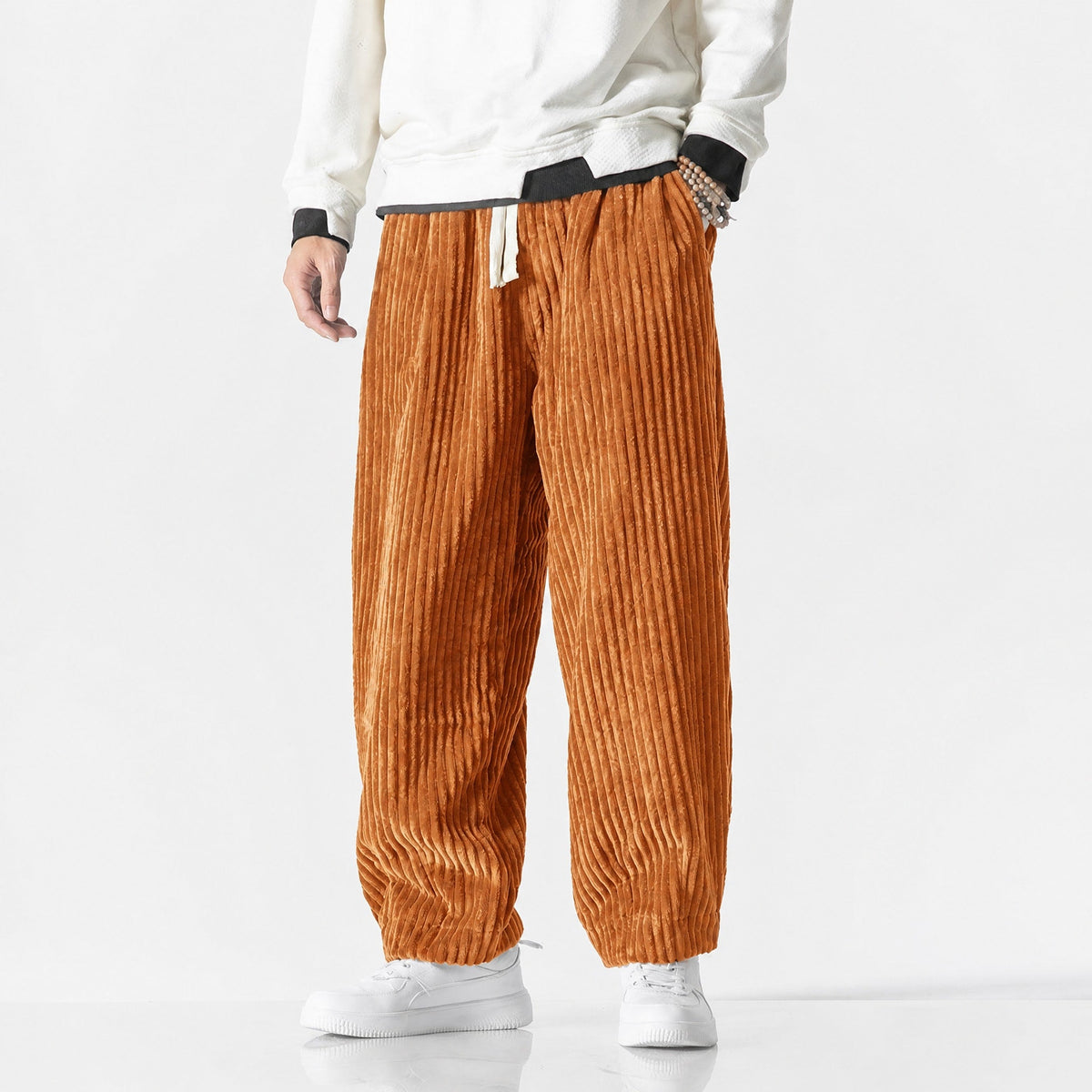 Charlie - Men's Corduroy Wide-Leg Harem Trousers with Drawstring Waist - Trousers - Orange - Davies & Cooper