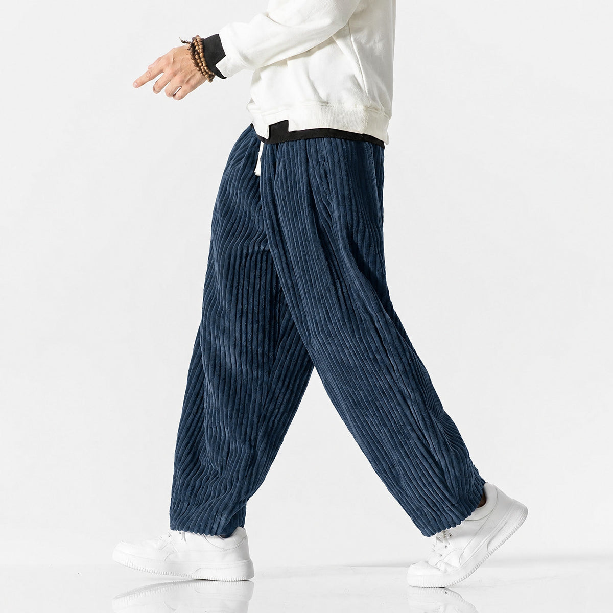 Charlie - Men's Corduroy Wide-Leg Harem Trousers with Drawstring Waist - Trousers - Dark Blue - Davies & Cooper