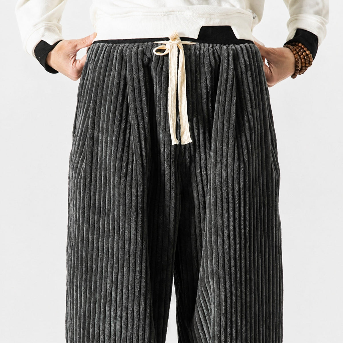 Charlie - Men's Corduroy Wide-Leg Harem Trousers with Drawstring Waist - Trousers - Grey - Davies & Cooper