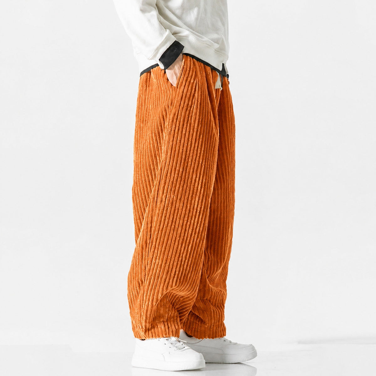 Charlie - Men's Corduroy Wide-Leg Harem Trousers with Drawstring Waist - Trousers - Orange - Davies & Cooper