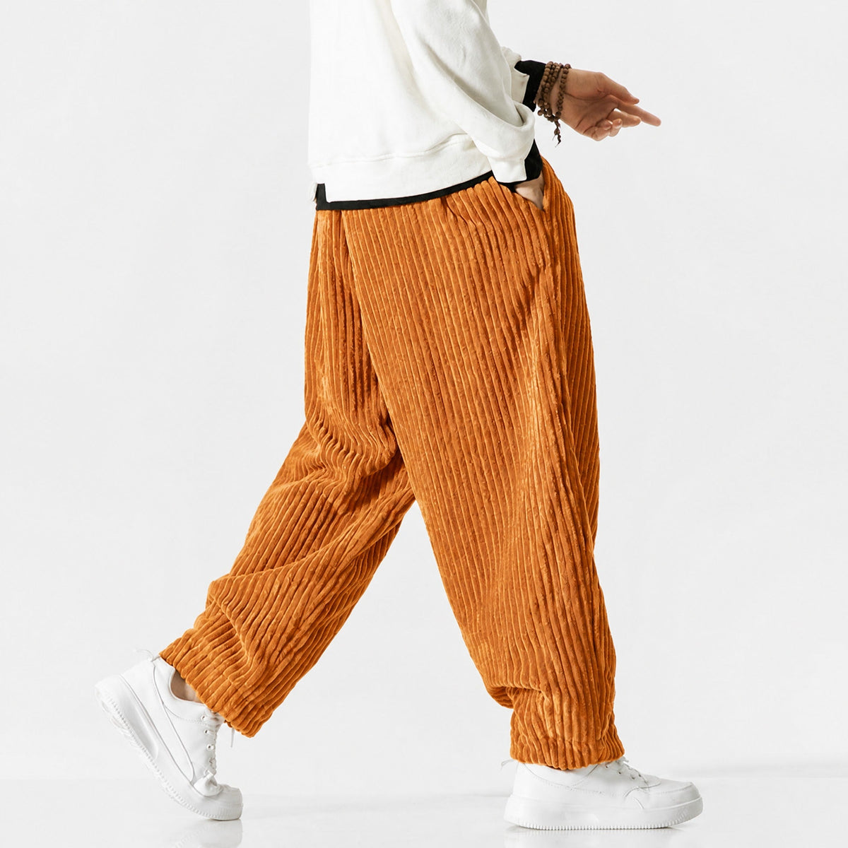 Charlie - Men's Corduroy Wide-Leg Harem Trousers with Drawstring Waist - Trousers - Orange - Davies & Cooper
