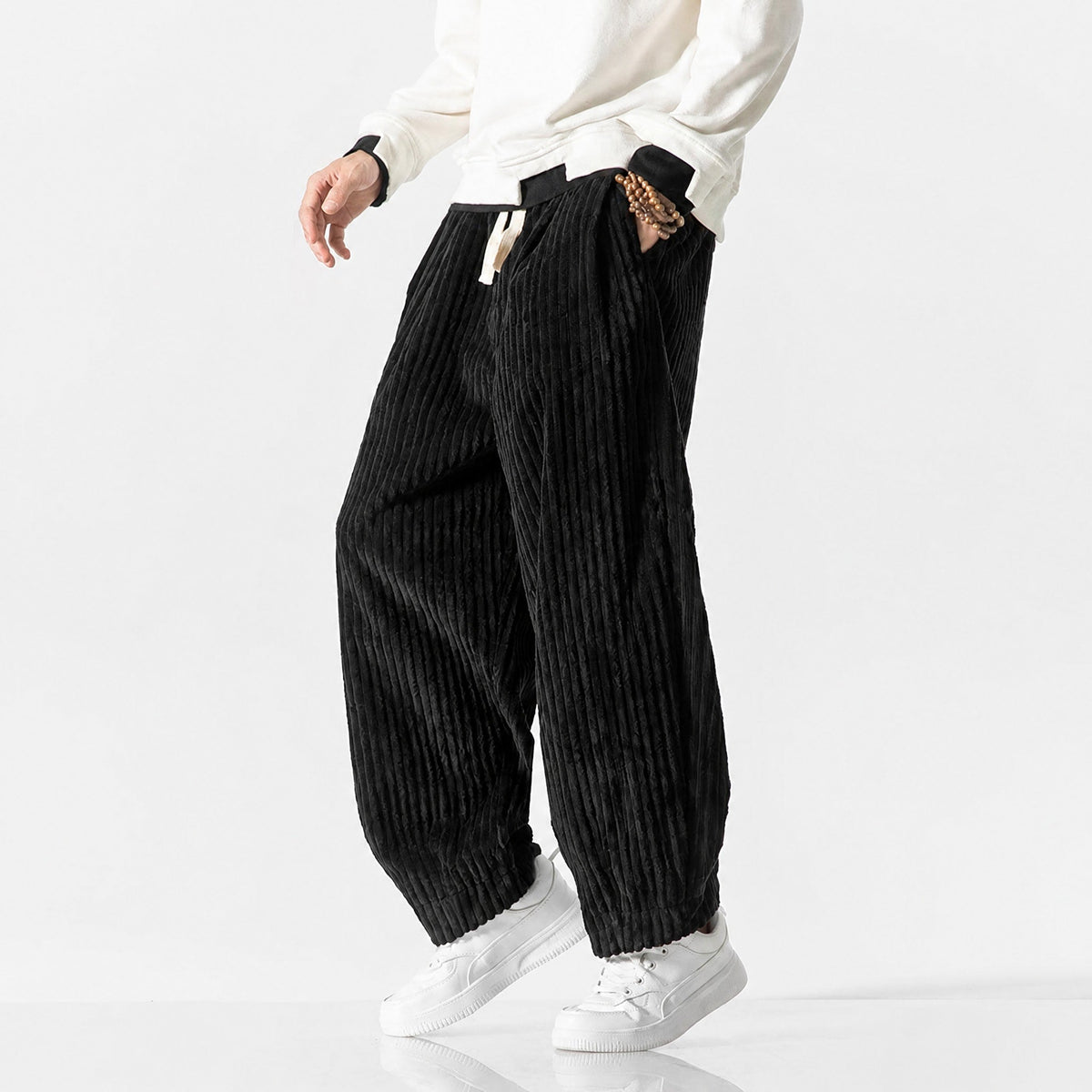 Charlie - Men's Corduroy Wide-Leg Harem Trousers with Drawstring Waist - Trousers - Black - Davies & Cooper