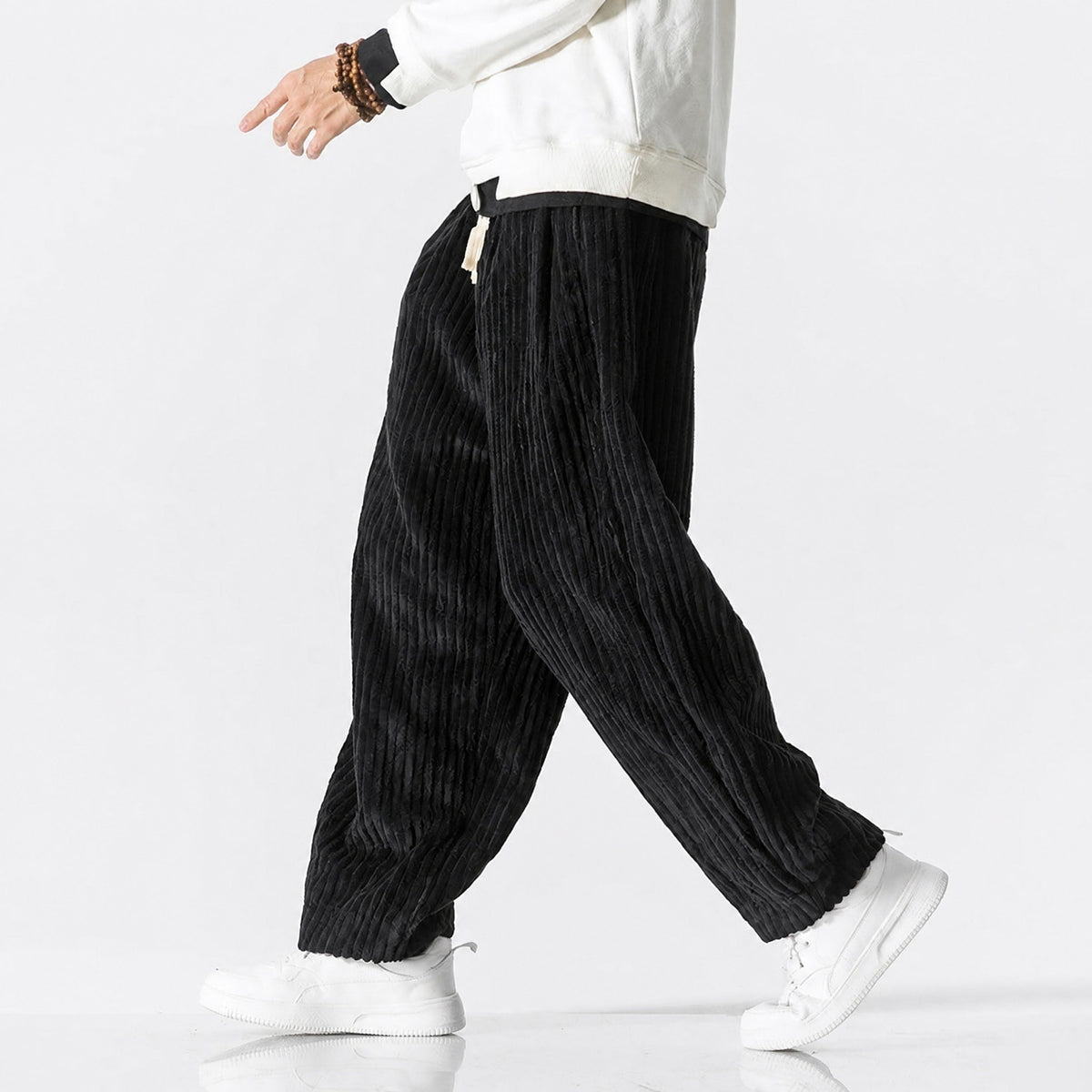 Charlie - Men's Corduroy Wide-Leg Harem Trousers with Drawstring Waist - Trousers - Black - Davies & Cooper