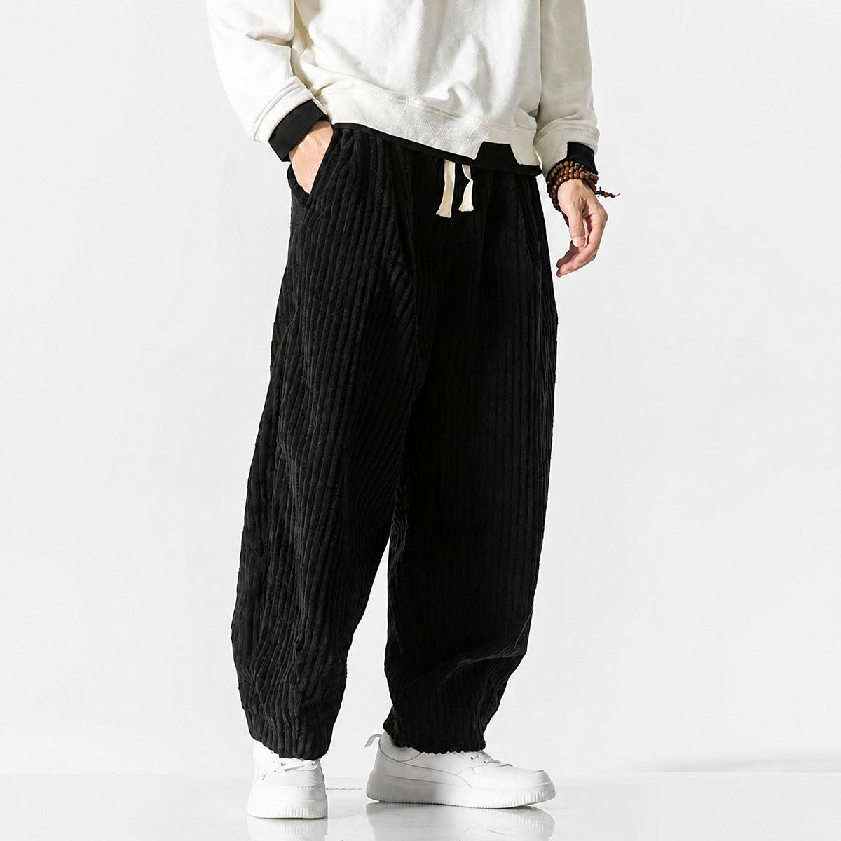 Charlie - Men's Corduroy Wide-Leg Harem Trousers with Drawstring Waist - Trousers - Black - Davies & Cooper