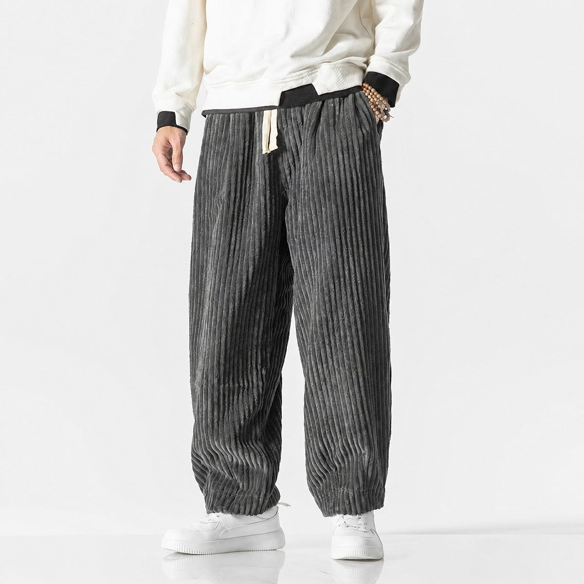Charlie - Men's Corduroy Wide-Leg Harem Trousers with Drawstring Waist - Trousers - Grey - Davies & Cooper