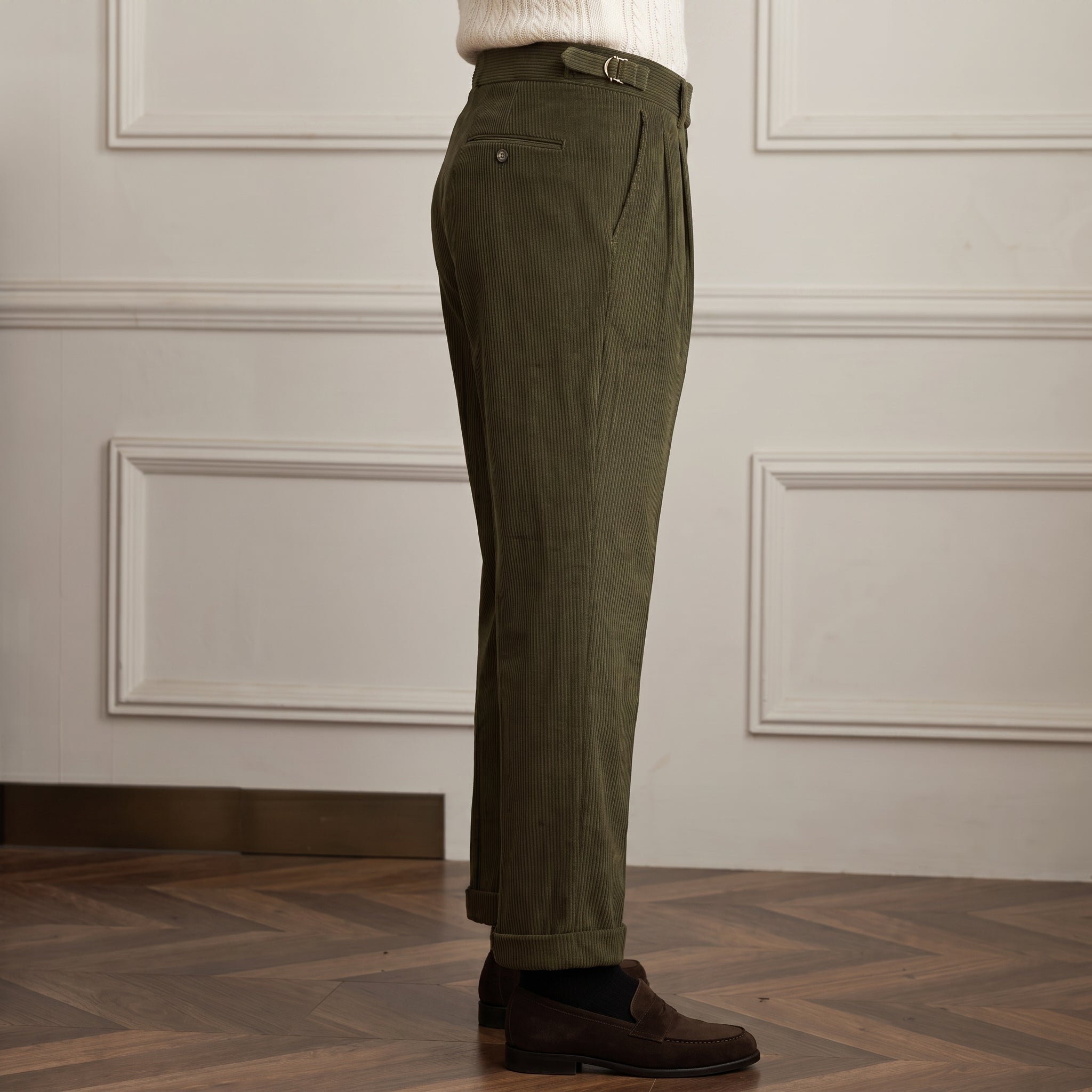 Charlie - Men's High-Waisted Ribbed Texture Trousers - Trousers - Cream - Davies & Cooper