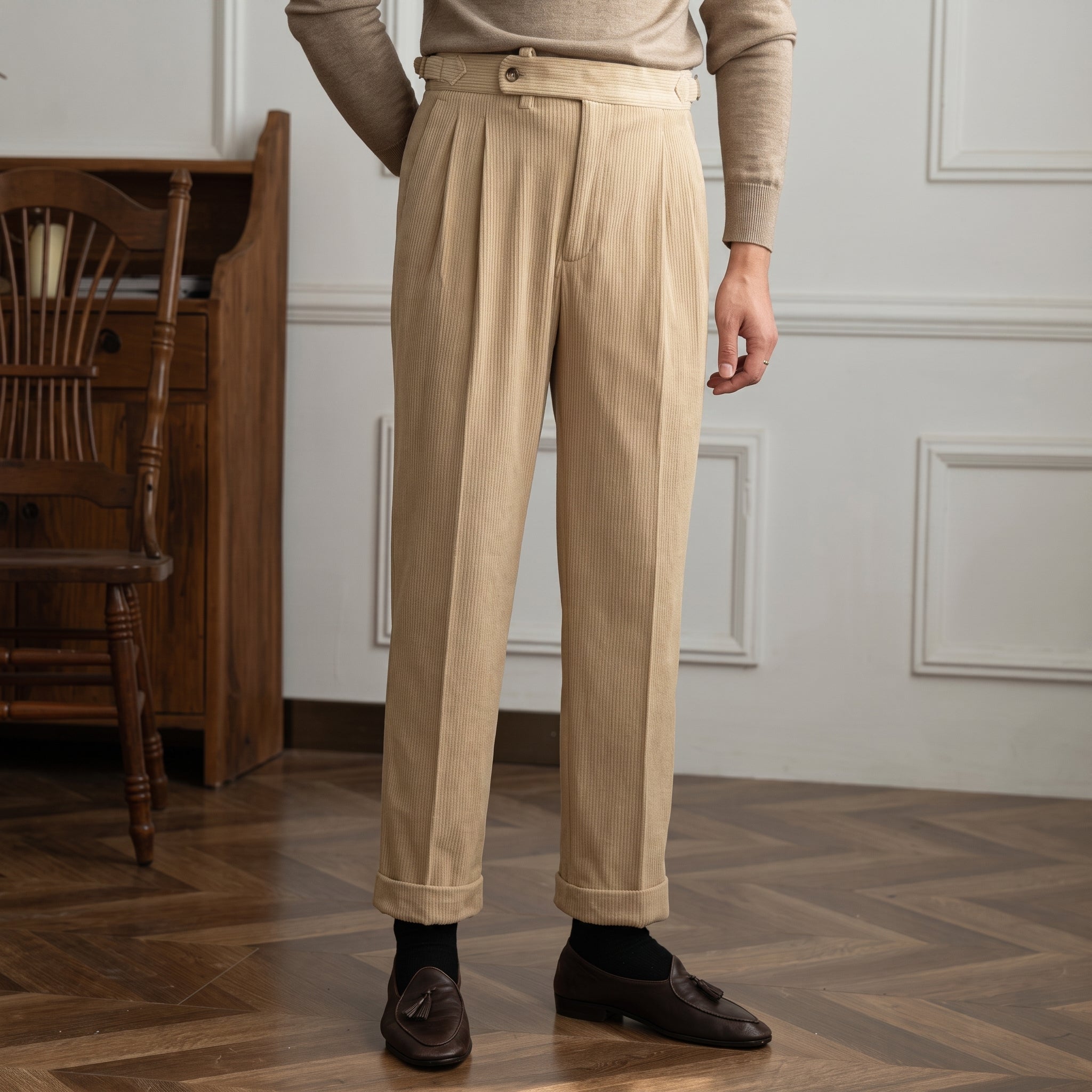 Charlie - Men's High-Waisted Ribbed Texture Trousers - Trousers - Cream - Davies & Cooper