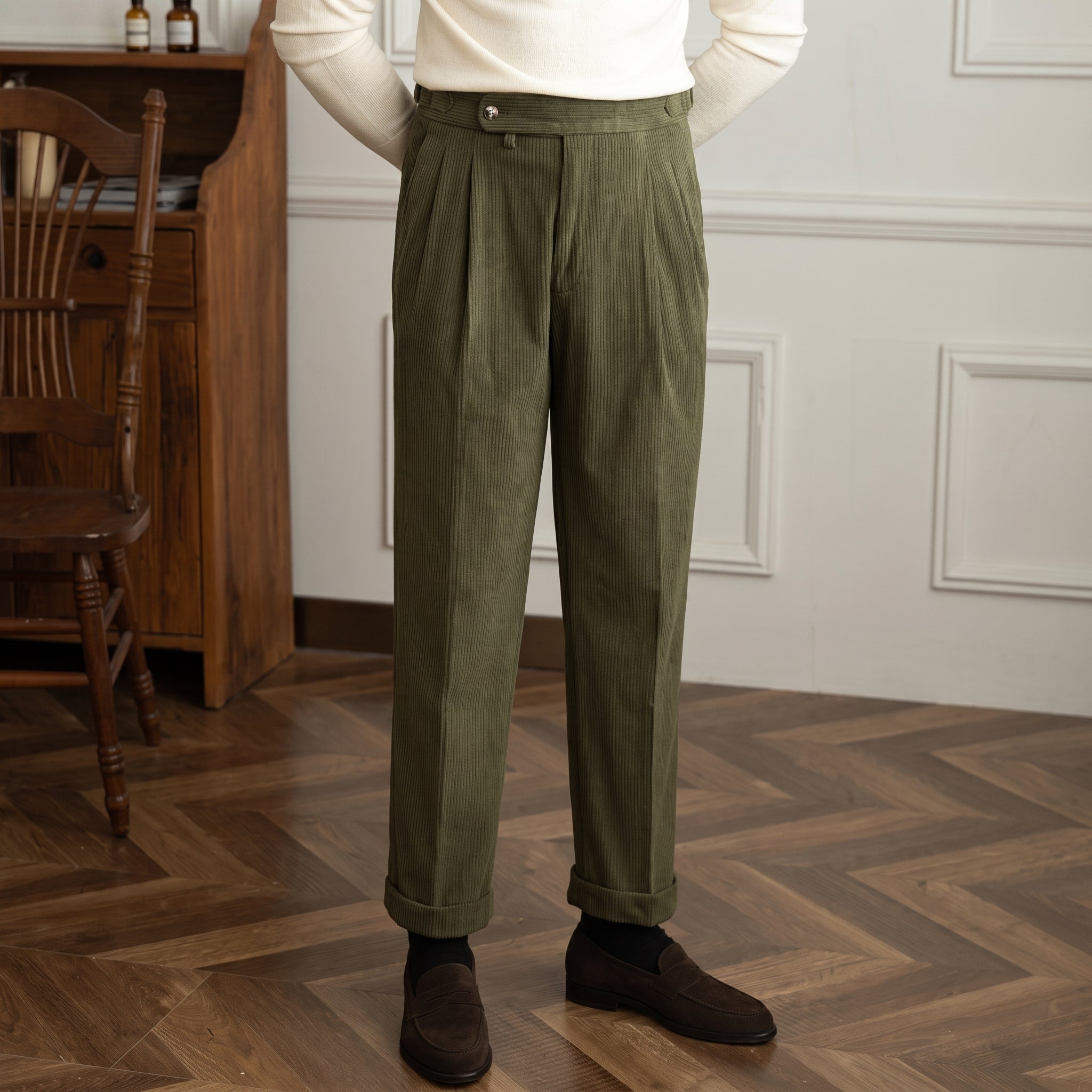 Charlie - Men's High-Waisted Ribbed Texture Trousers - Trousers - Green - Davies & Cooper