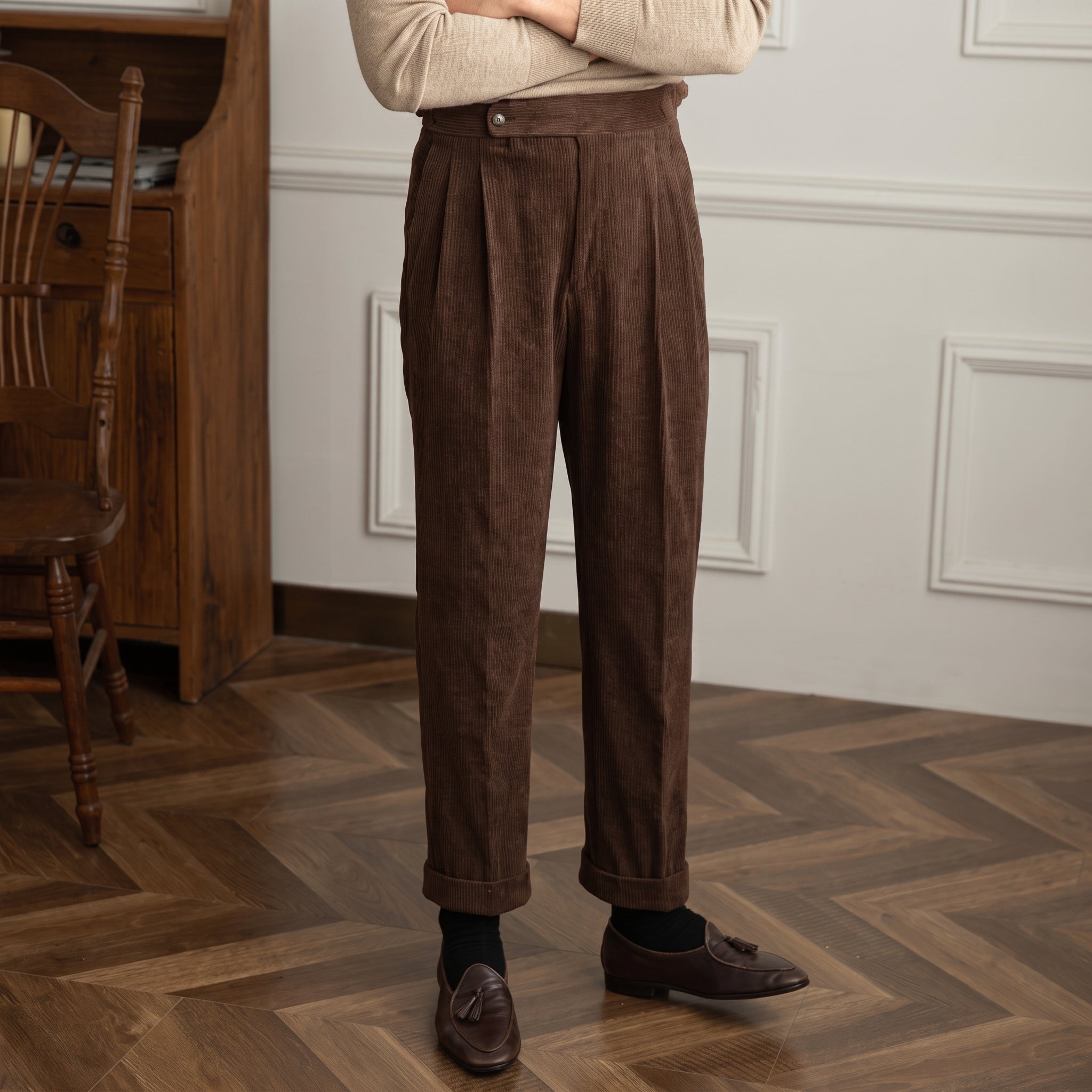 Charlie - Men's High-Waisted Ribbed Texture Trousers - Trousers - Dark Brown - Davies & Cooper