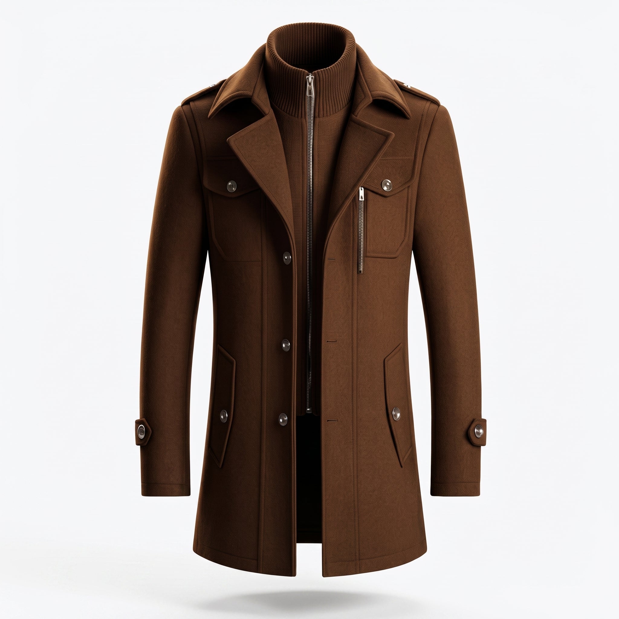 Charlie - Men's Longline Wool-Look Trench Coat with Zip Collar - Overcoats - Dark Brown - Davies & Cooper