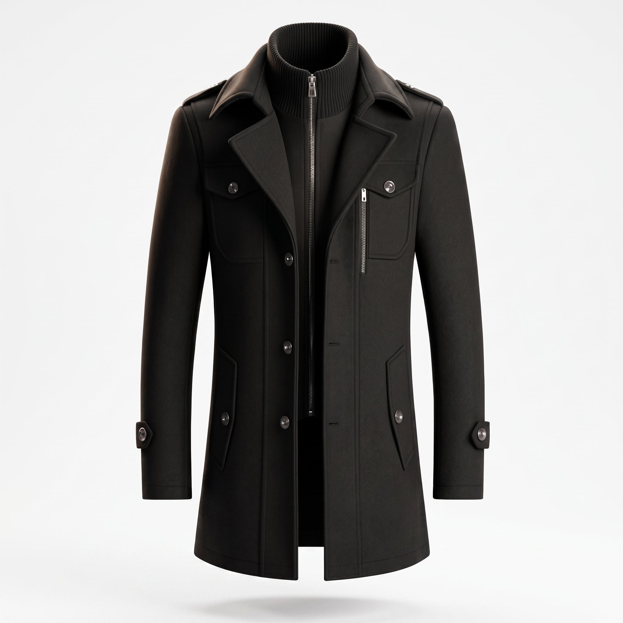 Charlie - Men's Longline Wool-Look Trench Coat with Zip Collar - Overcoats - Black - Davies & Cooper