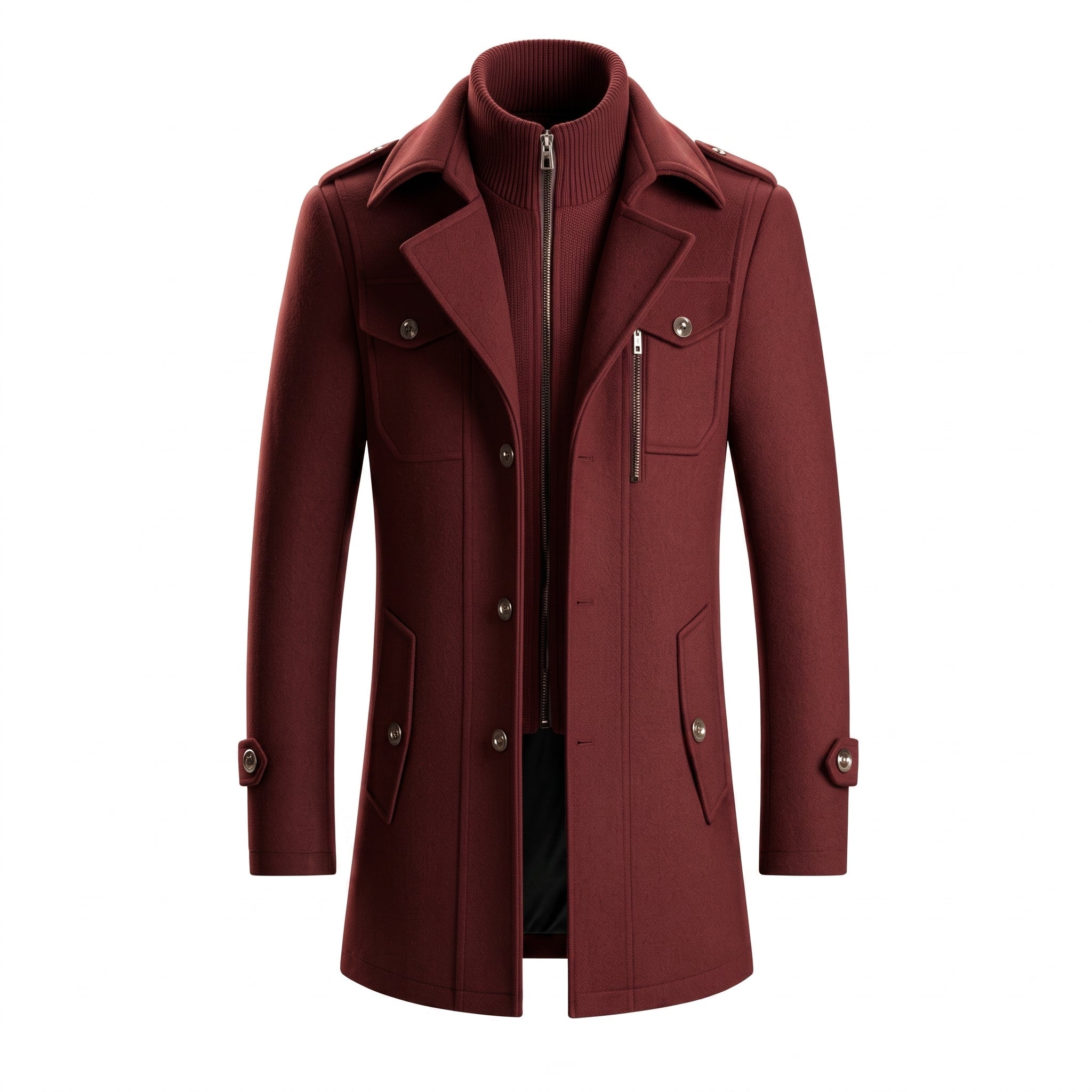 Charlie - Men's Longline Wool-Look Trench Coat with Zip Collar - Overcoats - Wine Red - Davies & Cooper