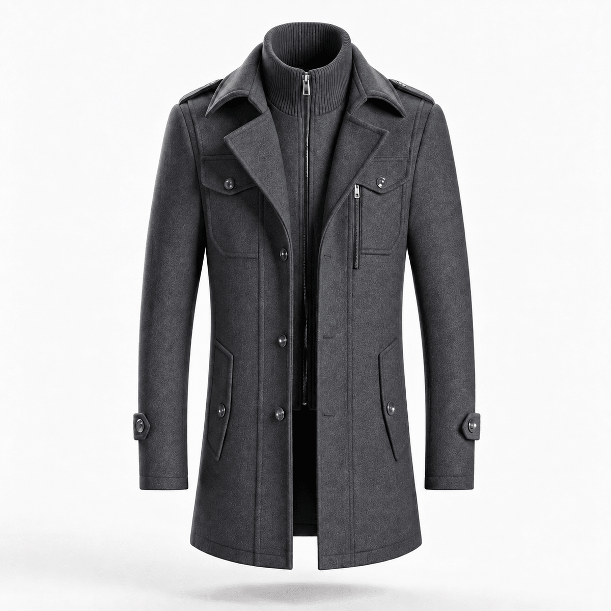 Charlie - Men's Longline Wool-Look Trench Coat with Zip Collar - Overcoats - Grey - Davies & Cooper