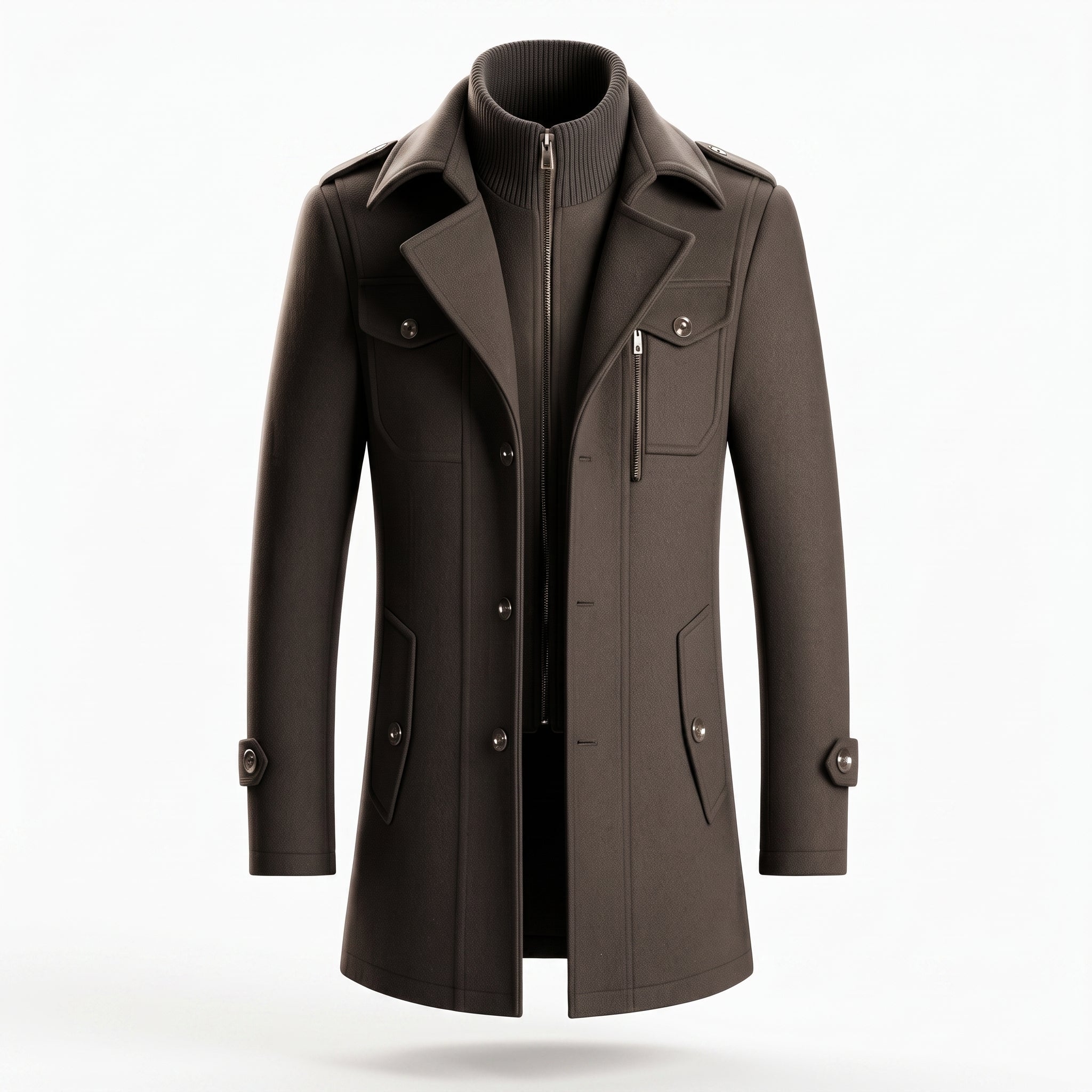 Charlie - Men's Longline Wool-Look Trench Coat with Zip Collar - Overcoats - Grey - Davies & Cooper