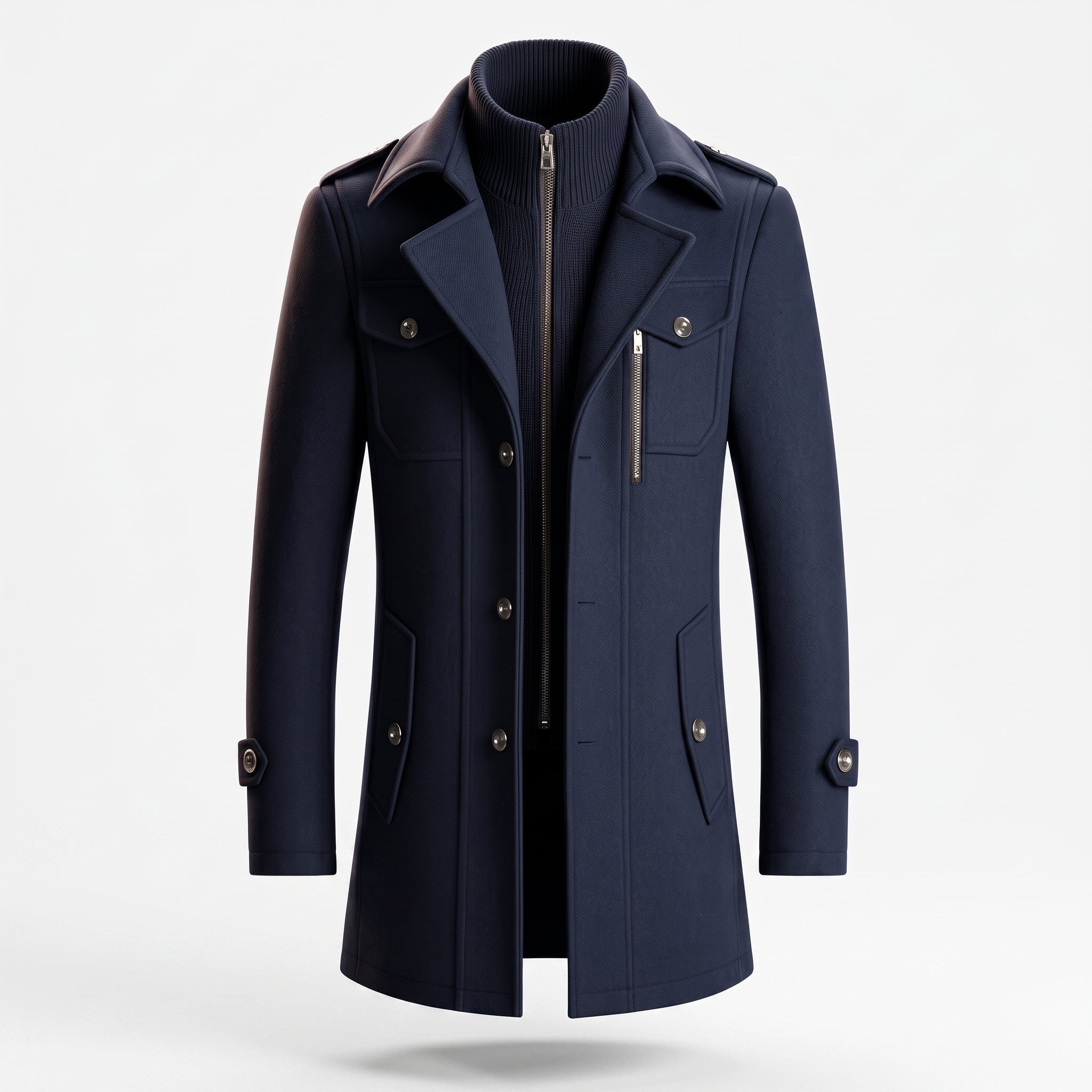 Charlie - Men's Longline Wool-Look Trench Coat with Zip Collar - Overcoats - Navy Blue - Davies & Cooper