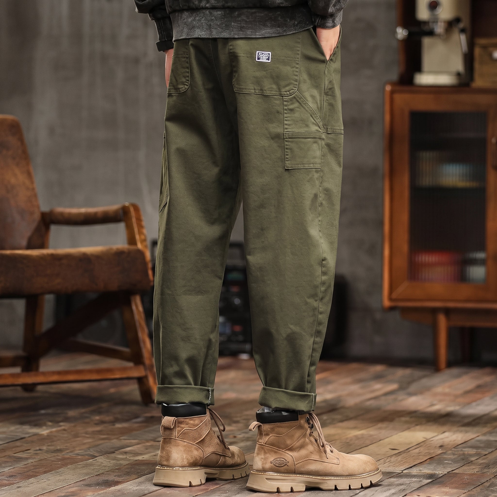 Charlie - Men's Relaxed Fit Cargo Trousers with Flap Pockets - Cargo Pants - Army Green - Davies & Cooper