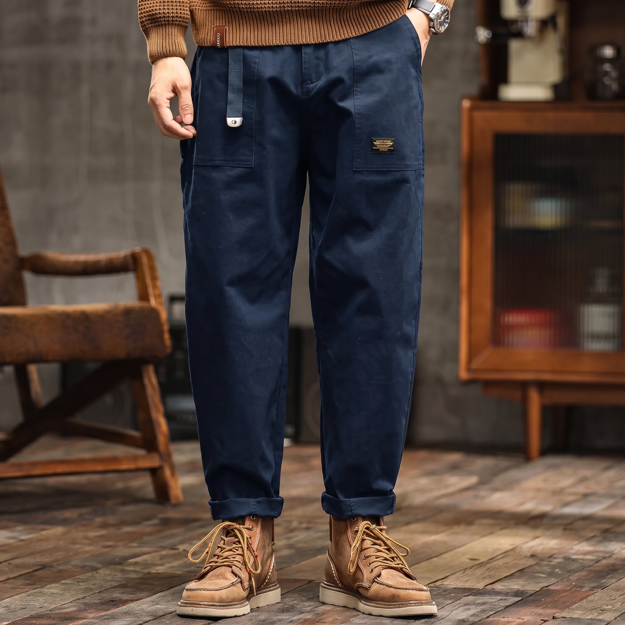 Charlie - Men's Relaxed Fit Cargo Trousers with Flap Pockets - Cargo Pants - Blue - Davies & Cooper