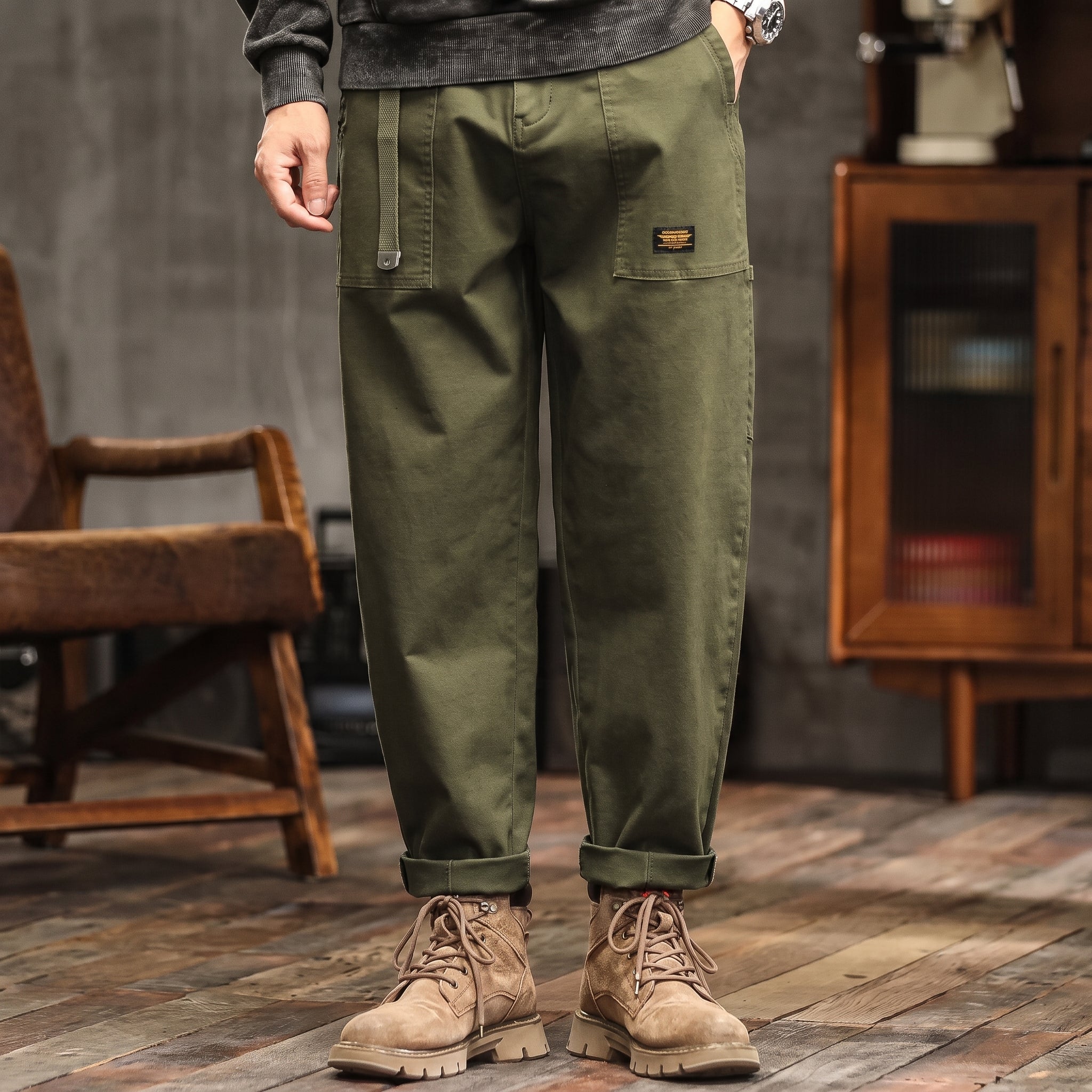 Charlie - Men's Relaxed Fit Cargo Trousers with Flap Pockets - Cargo Pants - Army Green - Davies & Cooper
