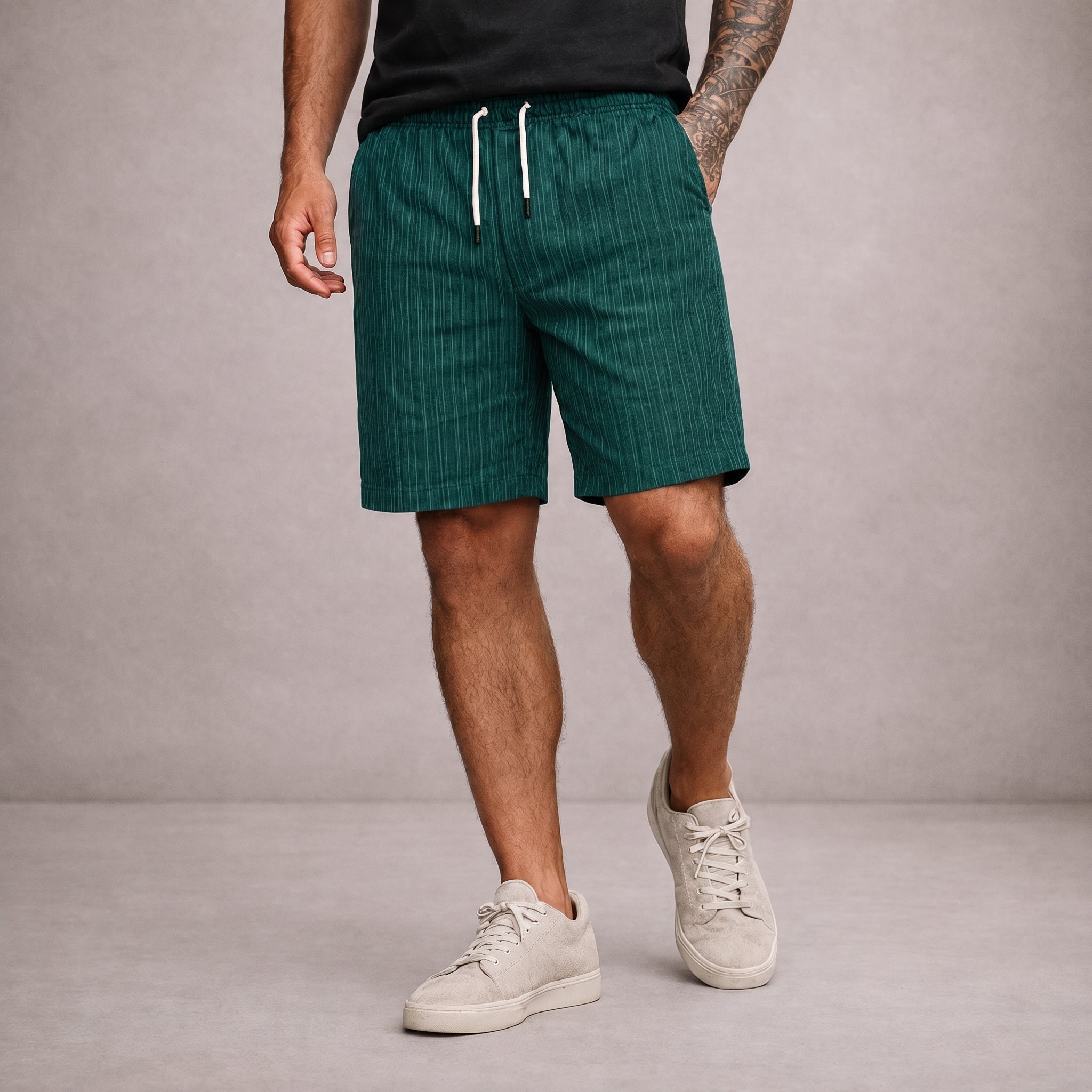 Charlie - Men's Relaxed Fit Drawstring Pinstripe Shorts - Chino Shorts - Green - Davies & Cooper