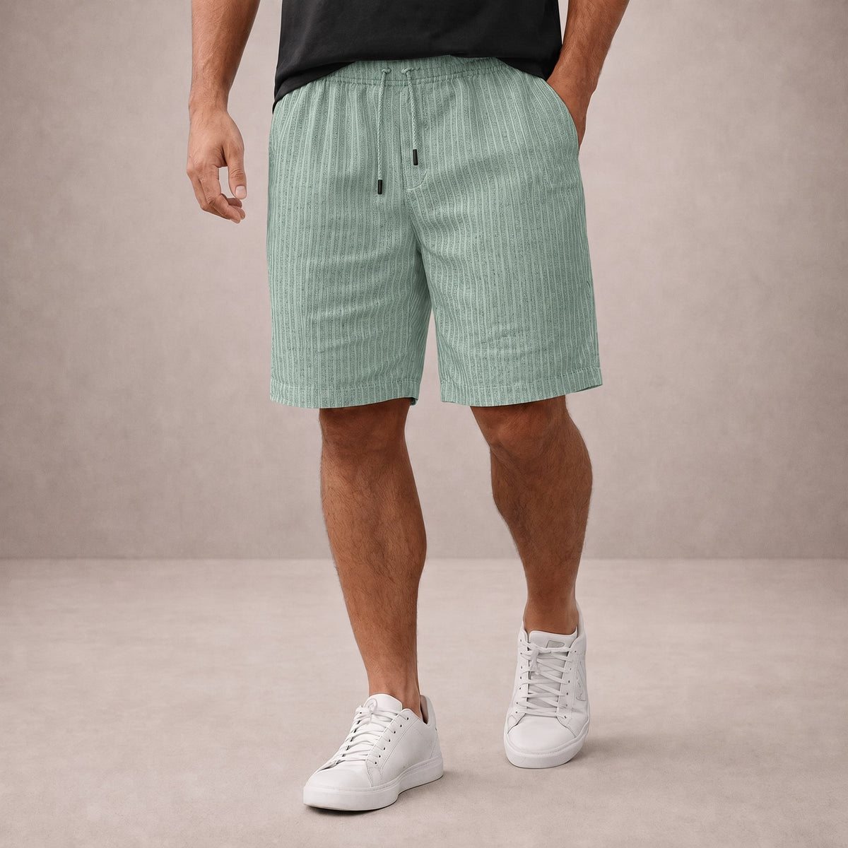 Charlie - Men's Relaxed Fit Drawstring Pinstripe Shorts - Chino Shorts - Light Green - Davies & Cooper