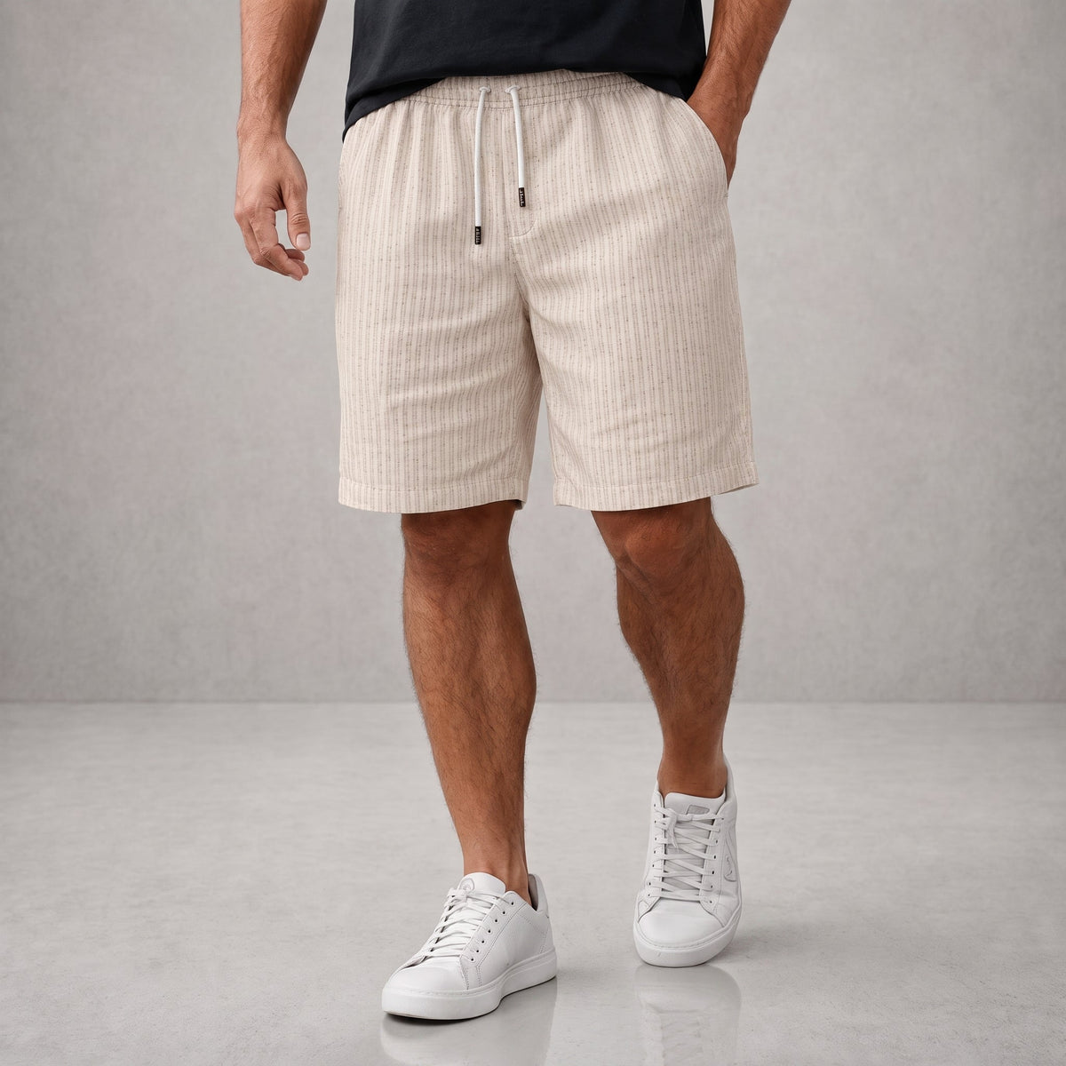 Charlie - Men's Relaxed Fit Drawstring Pinstripe Shorts - Chino Shorts - Beige - Davies & Cooper