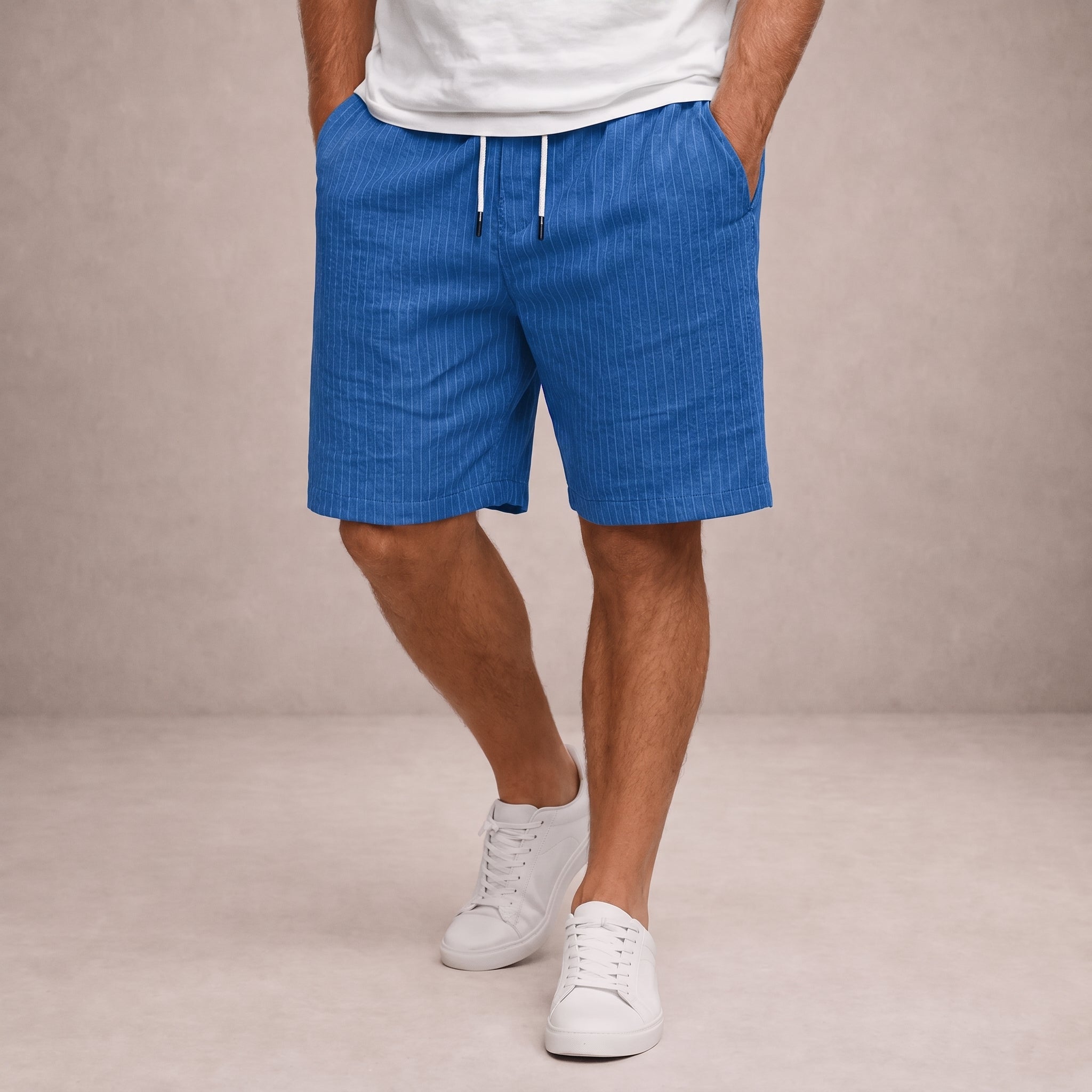 Charlie - Men's Relaxed Fit Drawstring Pinstripe Shorts - Chino Shorts - Blue - Davies & Cooper