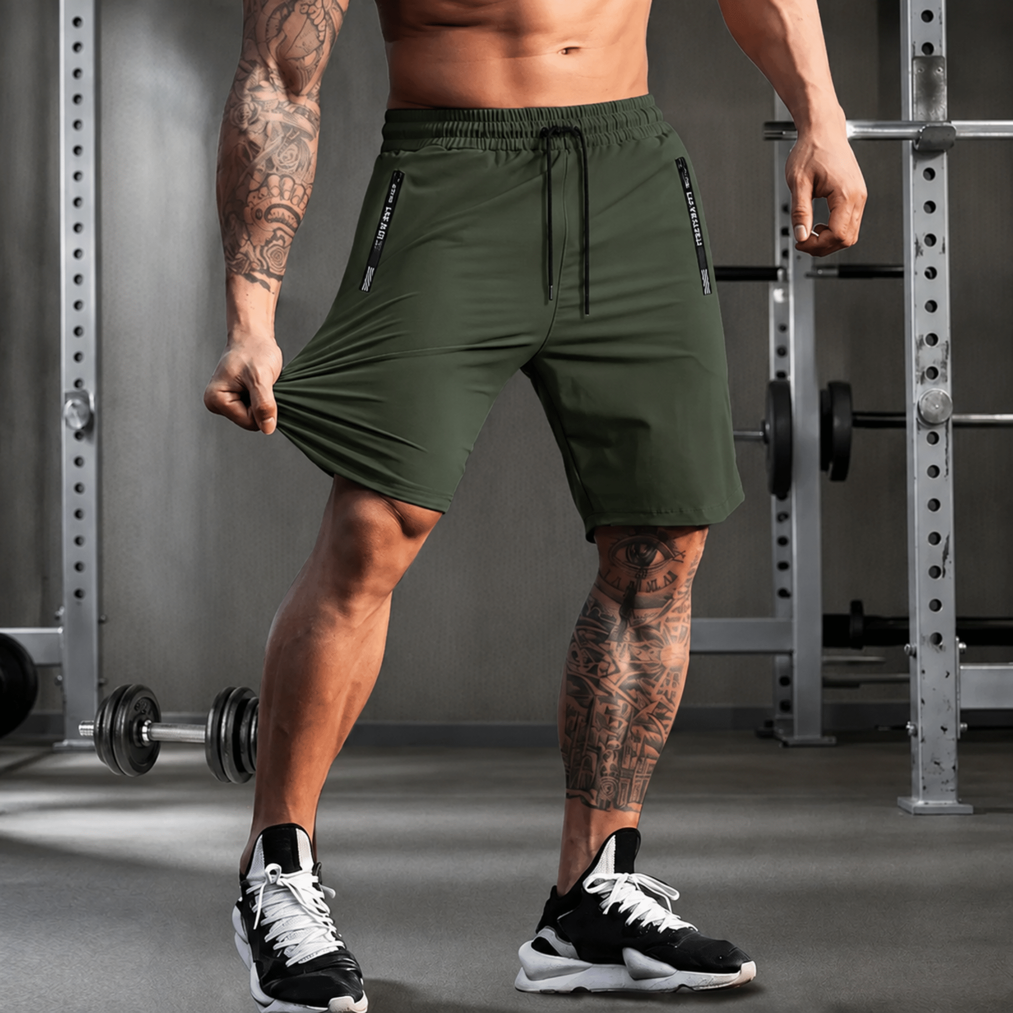 Charlie - Men's Relaxed Fit Drawstring Waist Zip Pocket Gym Shorts - Shorts - Green - Davies & Cooper