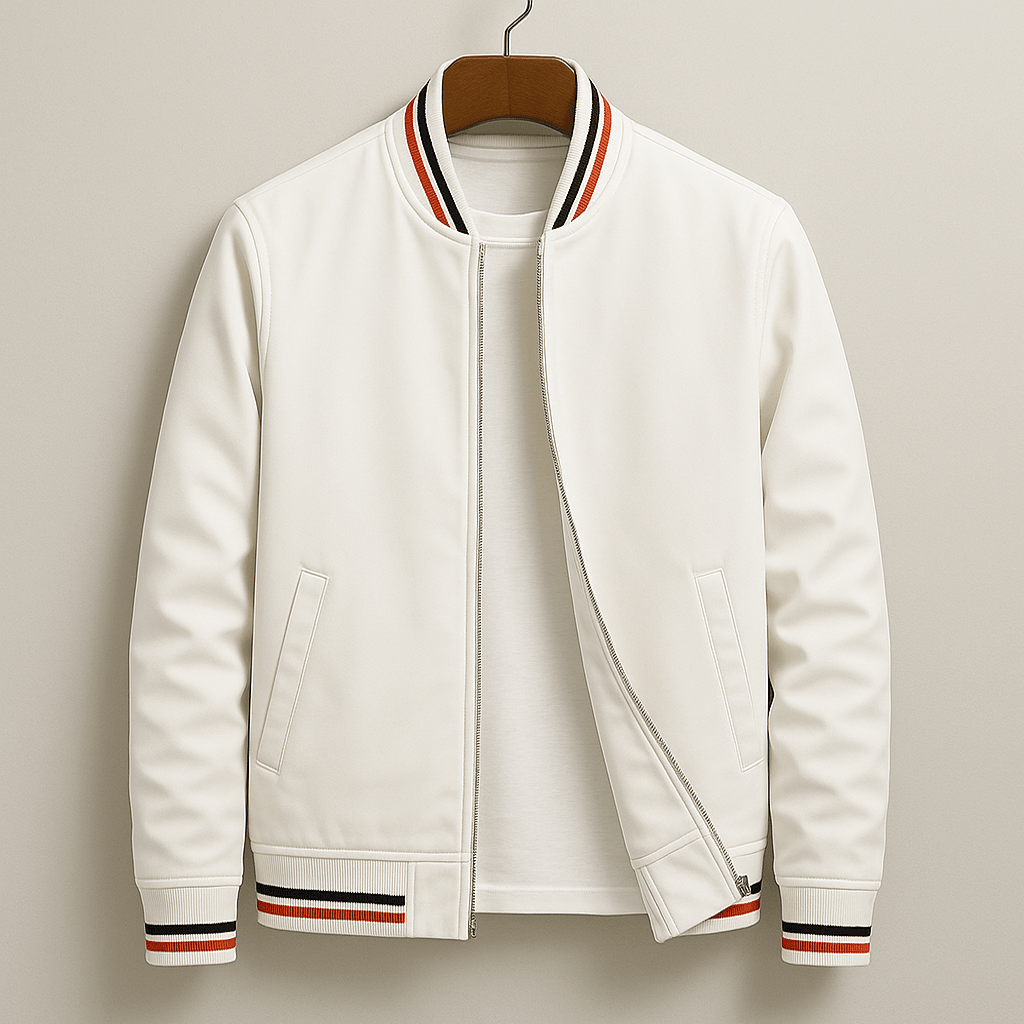 Charlie - Men's Ribbed Trim Zip-Up Bomber Jacket - Bomber Jackets - White - Davies & Cooper