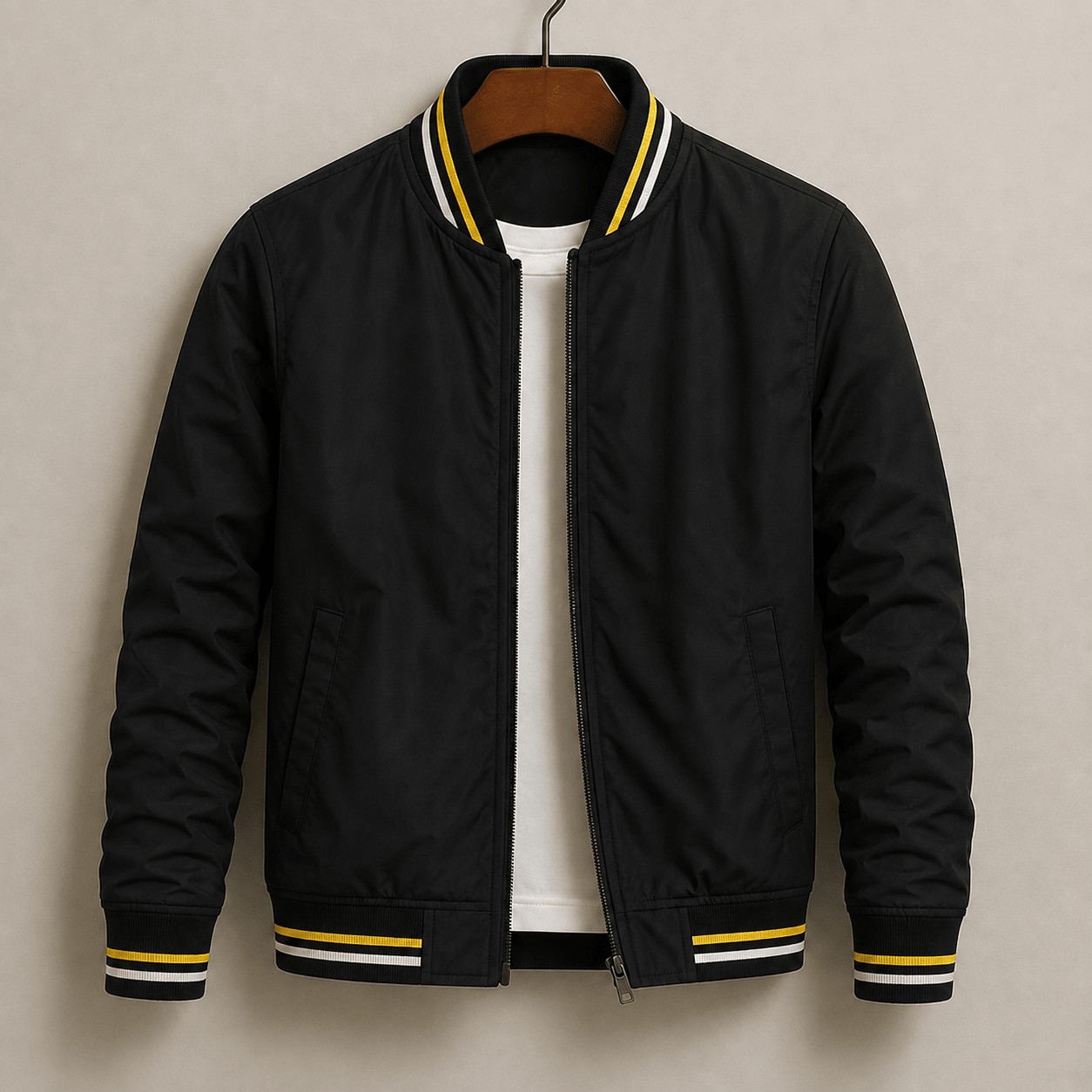 Charlie - Men's Ribbed Trim Zip-Up Bomber Jacket - Bomber Jackets - Black - Davies & Cooper