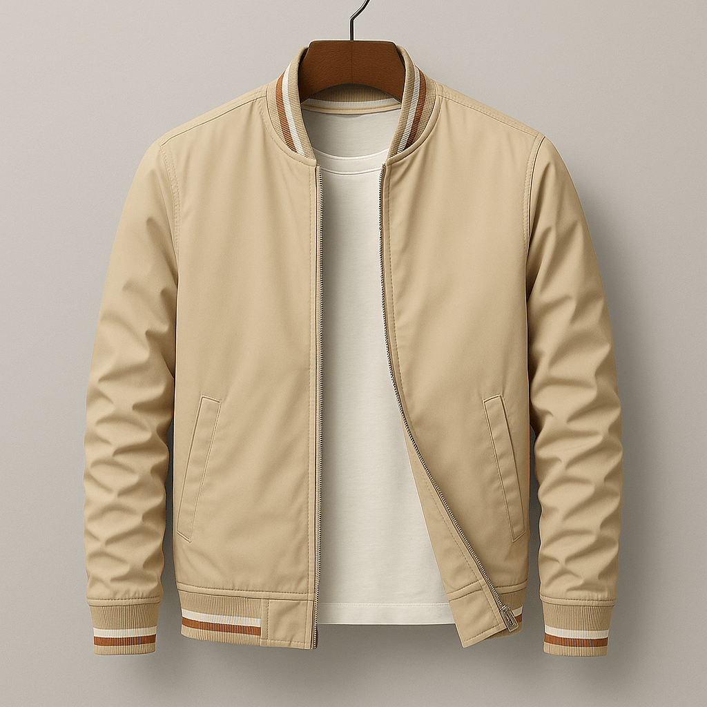 Charlie - Men's Ribbed Trim Zip-Up Bomber Jacket - Bomber Jackets - Beige - Davies & Cooper
