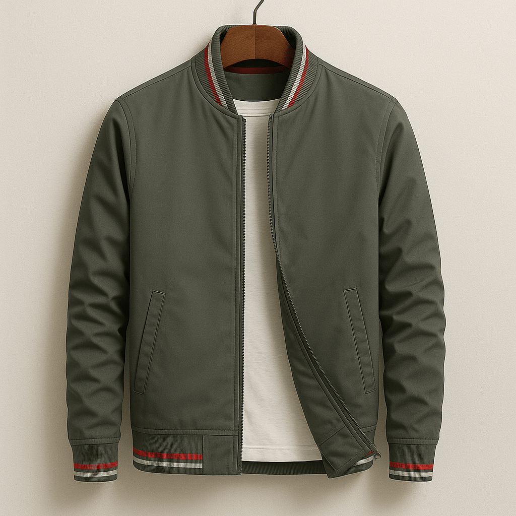 Charlie - Men's Ribbed Trim Zip-Up Bomber Jacket - Bomber Jackets - Sage - Davies & Cooper
