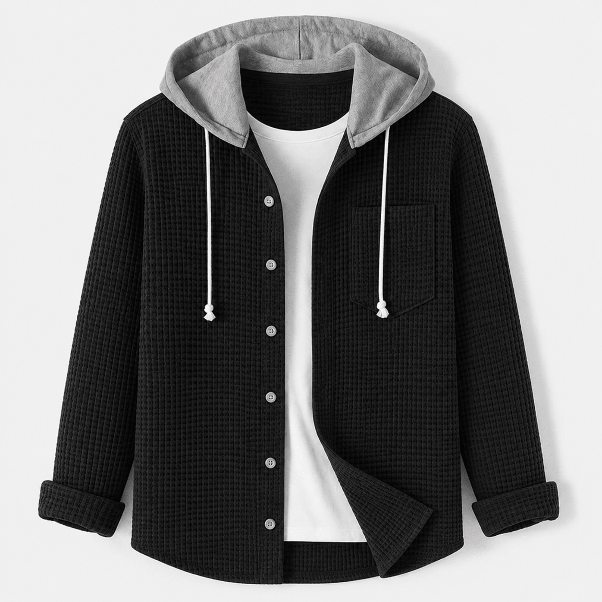 Charlie - Men's Ribber Hooded Overshirt Jacket with Button Front - Overshirts - Black - Davies & Cooper