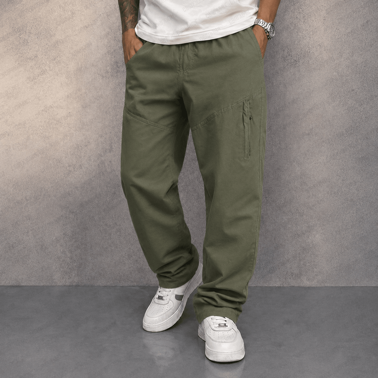 Charlie - Men's Straight Leg Cargo Trousers with Zip Pockets - Cargo Pants - Green - Davies & Cooper