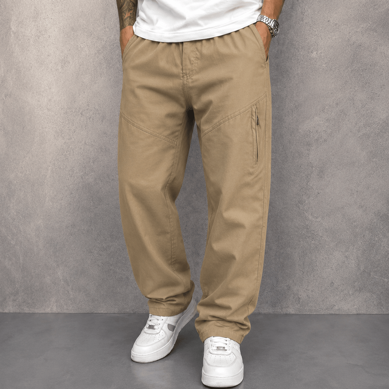 Charlie - Men's Straight Leg Cargo Trousers with Zip Pockets - Cargo Pants - Khaki - Davies & Cooper