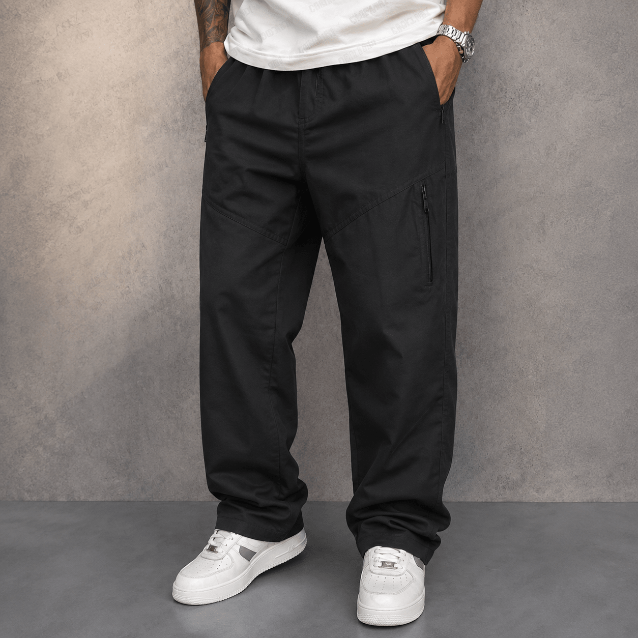 Charlie - Men's Straight Leg Cargo Trousers with Zip Pockets - Cargo Pants - Black - Davies & Cooper