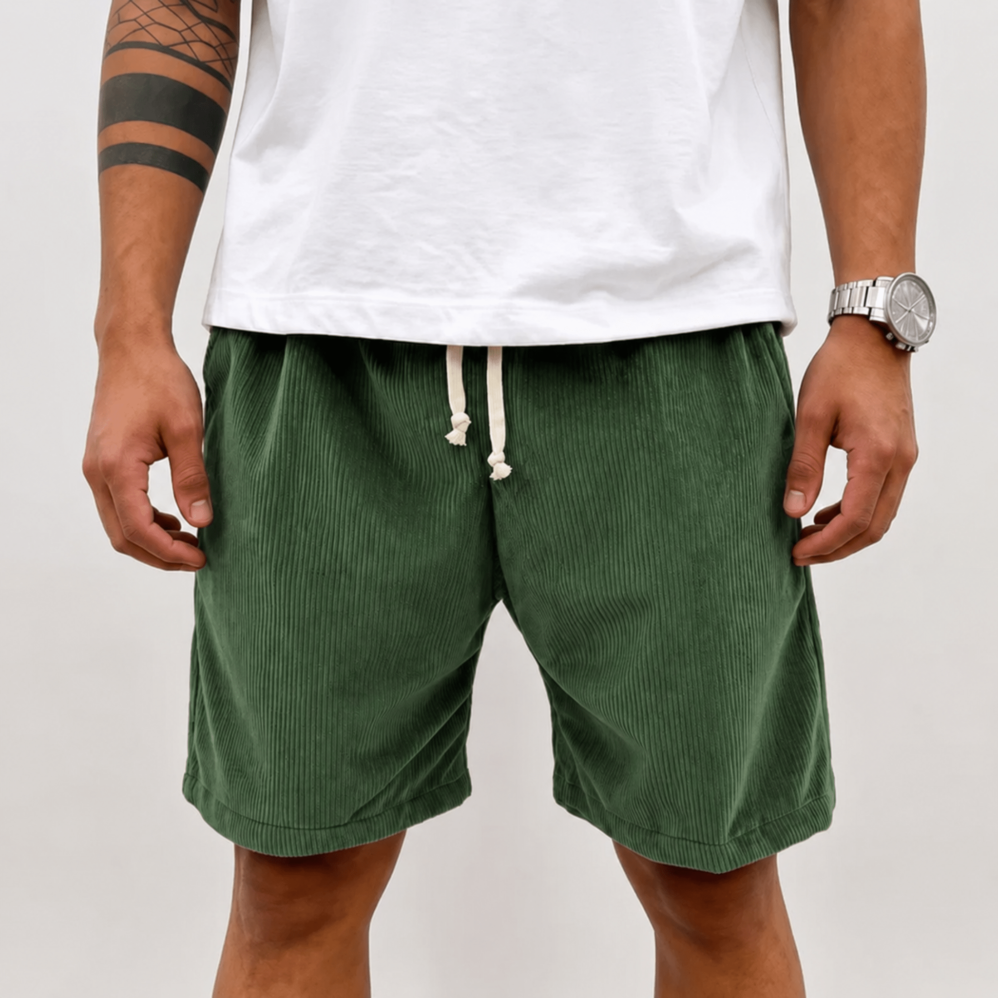Charlie - Men's Summer Corduroy Drawstring Waist Shorts - Jogger Shorts - Green - Davies & Cooper
