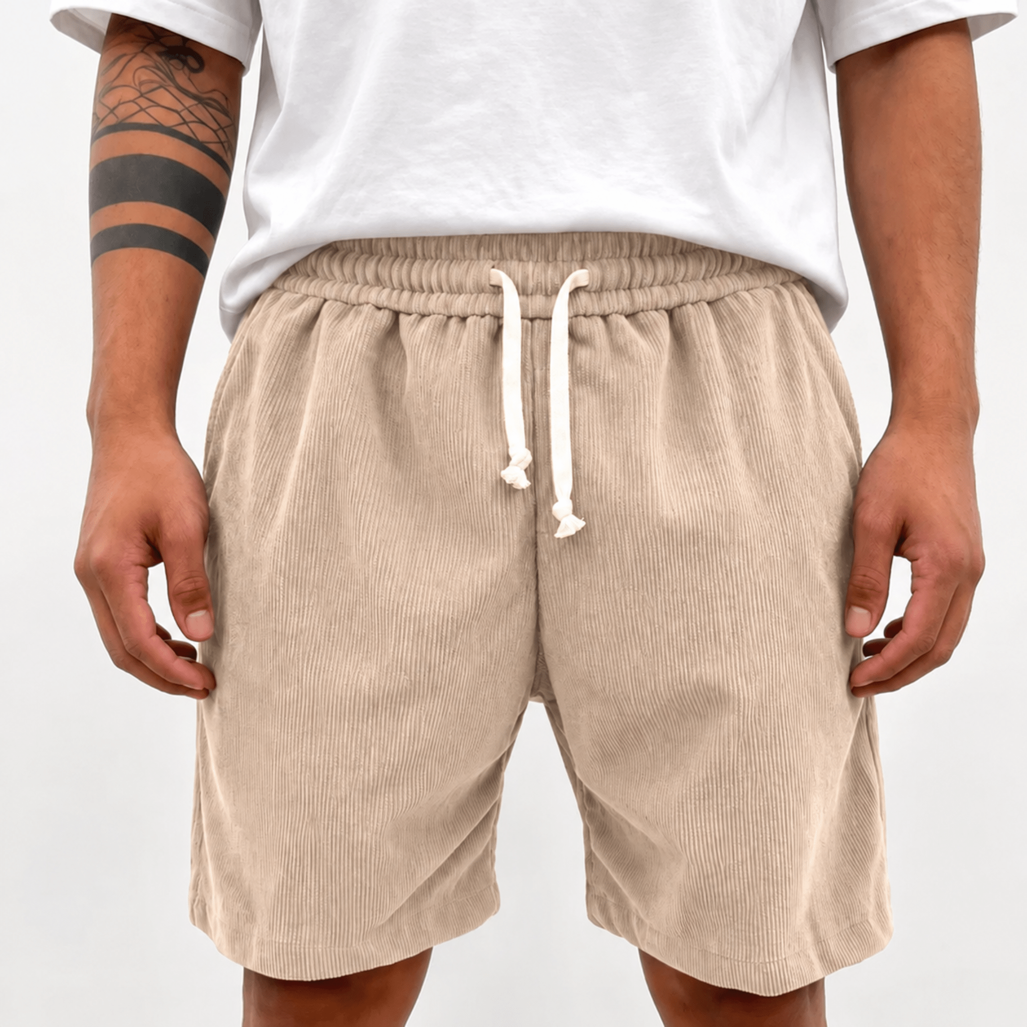 Charlie - Men's Summer Corduroy Drawstring Waist Shorts - Jogger Shorts - Beige - Davies & Cooper