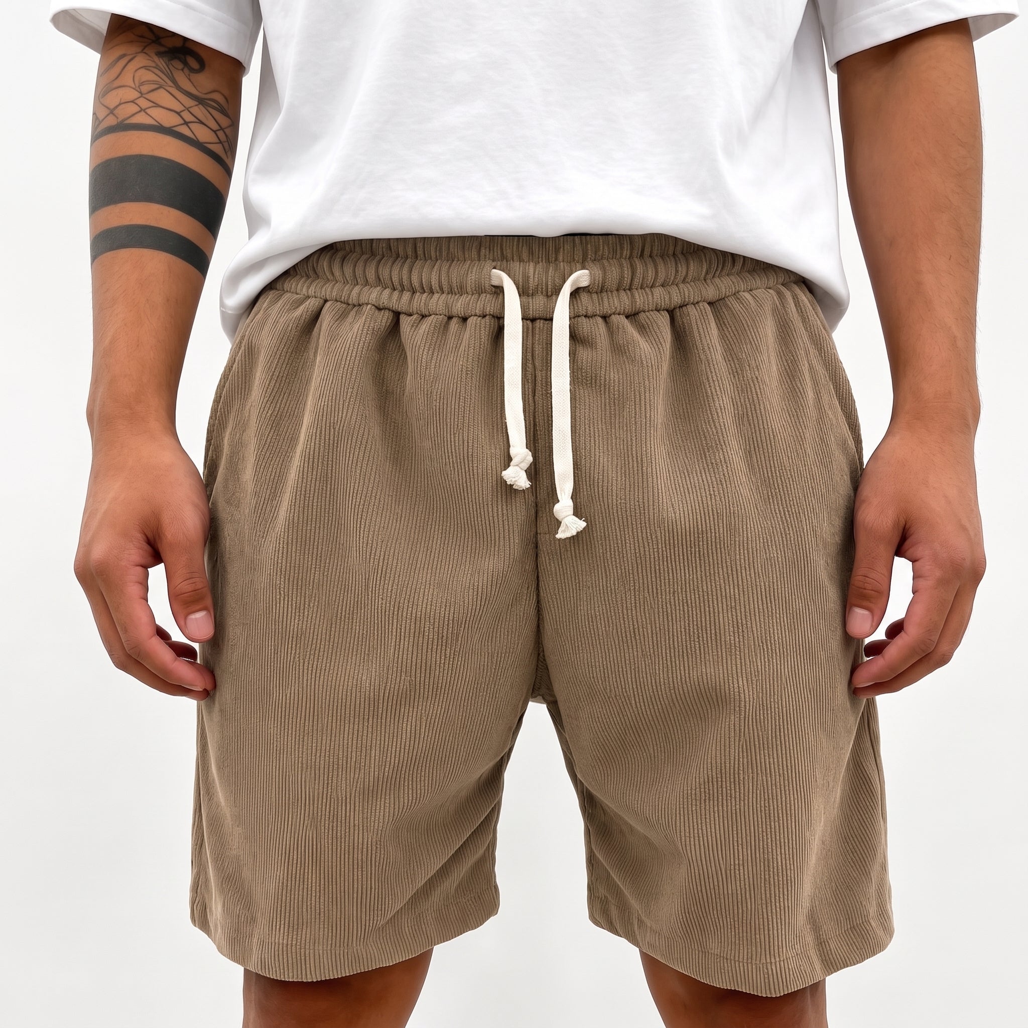 Charlie - Men's Summer Corduroy Drawstring Waist Shorts - Shorts - Brown - Davies & Cooper