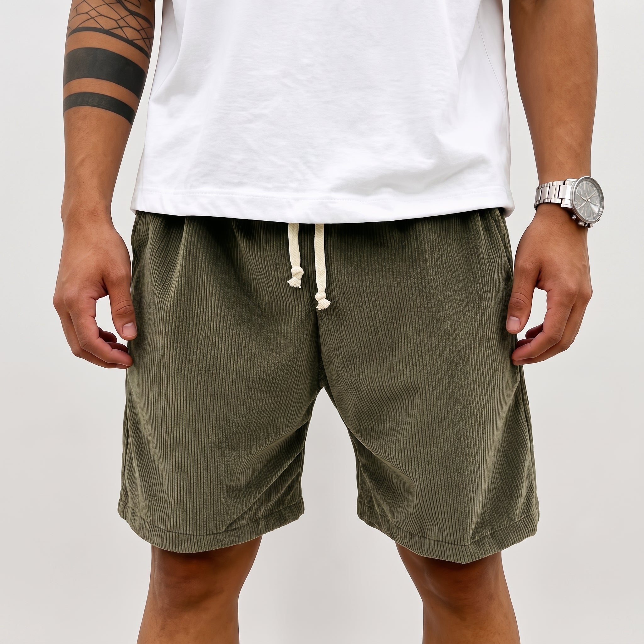 Charlie - Men's Summer Corduroy Drawstring Waist Shorts - Shorts - Olive Green - Davies & Cooper