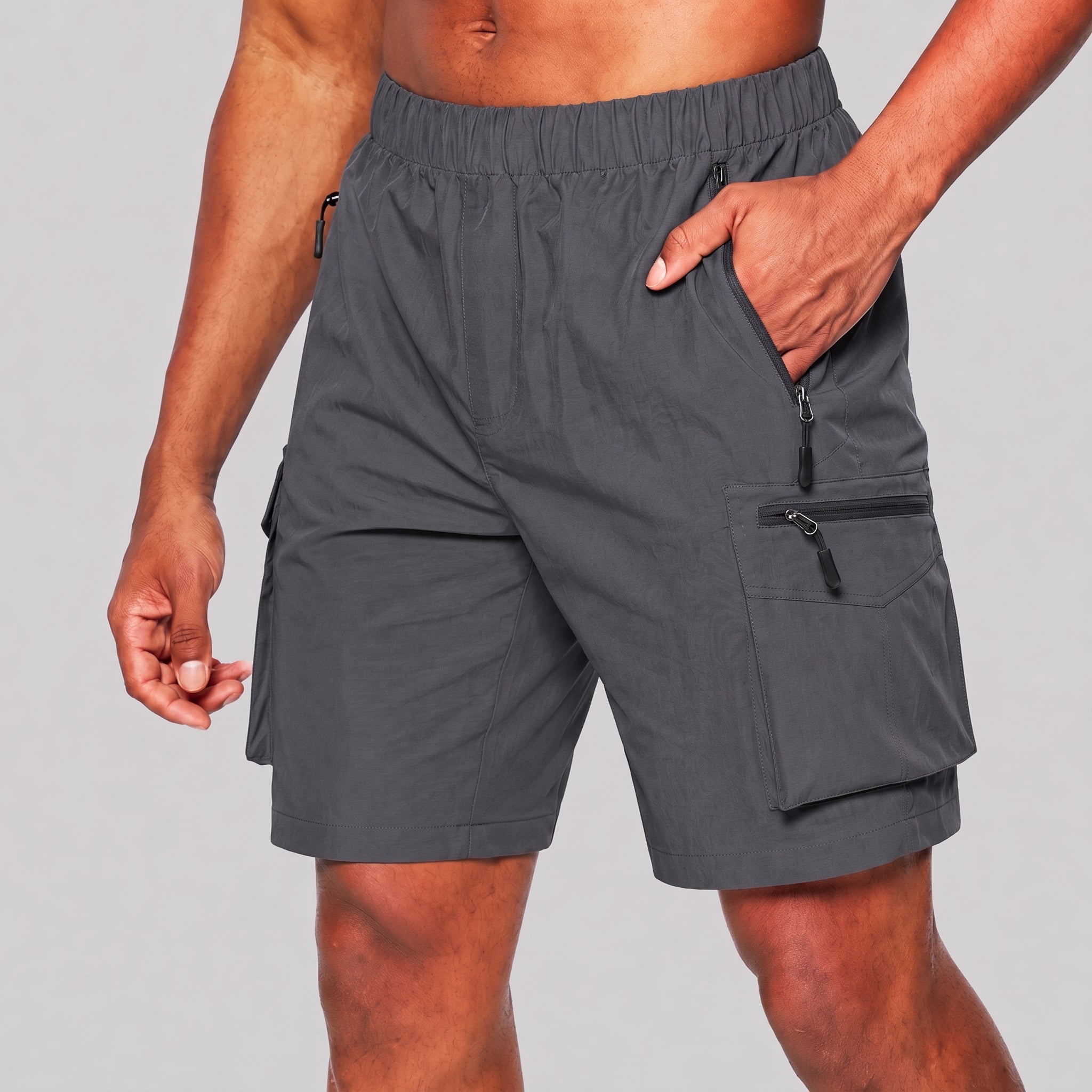 Charlie - Men's Summer Elastic Waist Zip Cargo Shorts - Cargo Shorts - Grey - Davies & Cooper