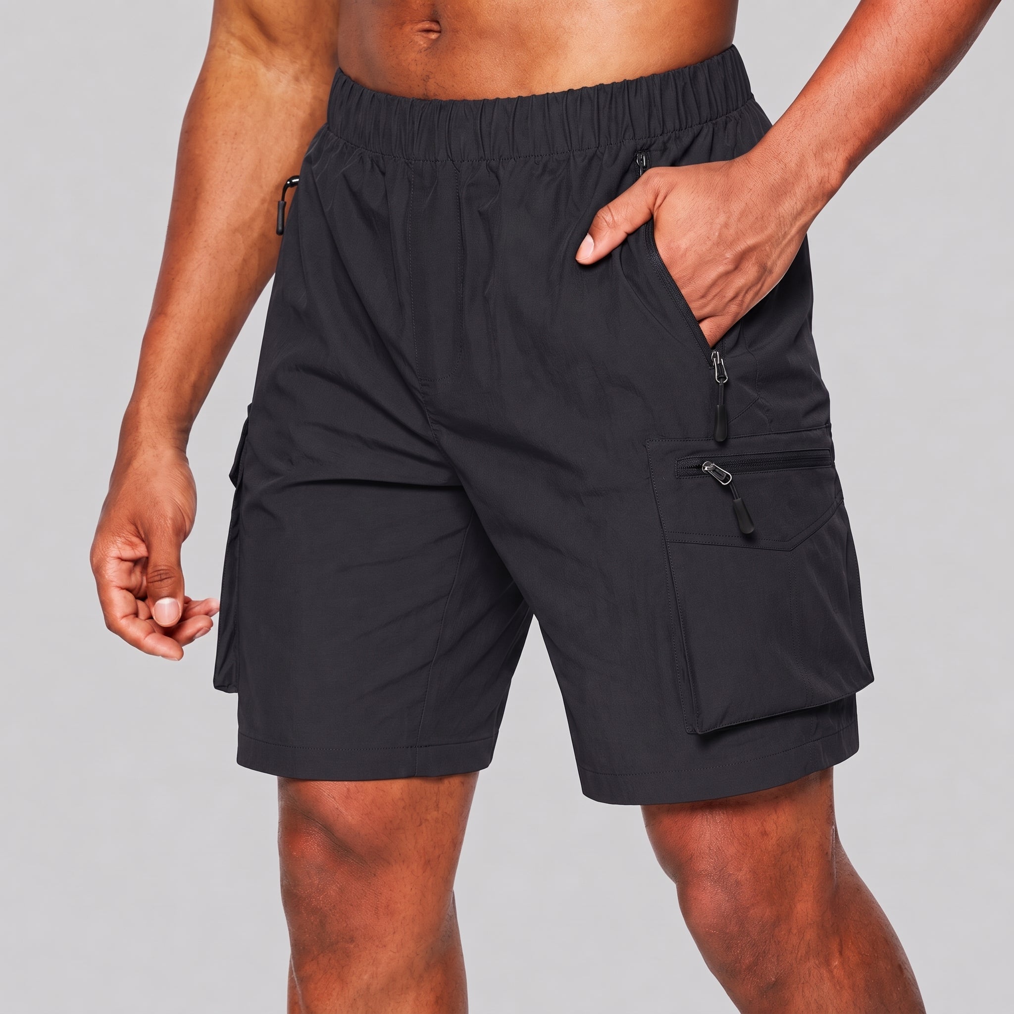Charlie - Men's Summer Elastic Waist Zip Cargo Shorts - Cargo Shorts - Black - Davies & Cooper