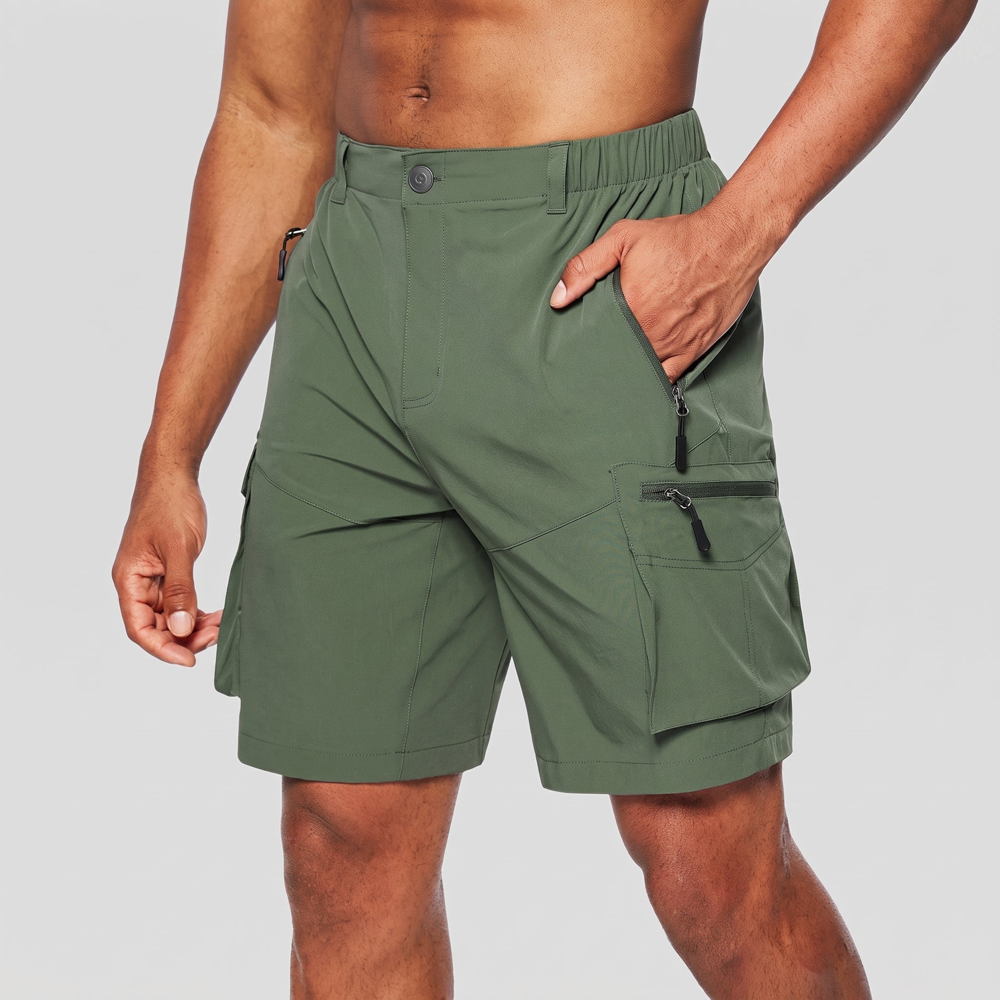 Charlie - Men's Summer Elastic Waist Zip Cargo Shorts - Shorts Men - Green - Davies & Cooper
