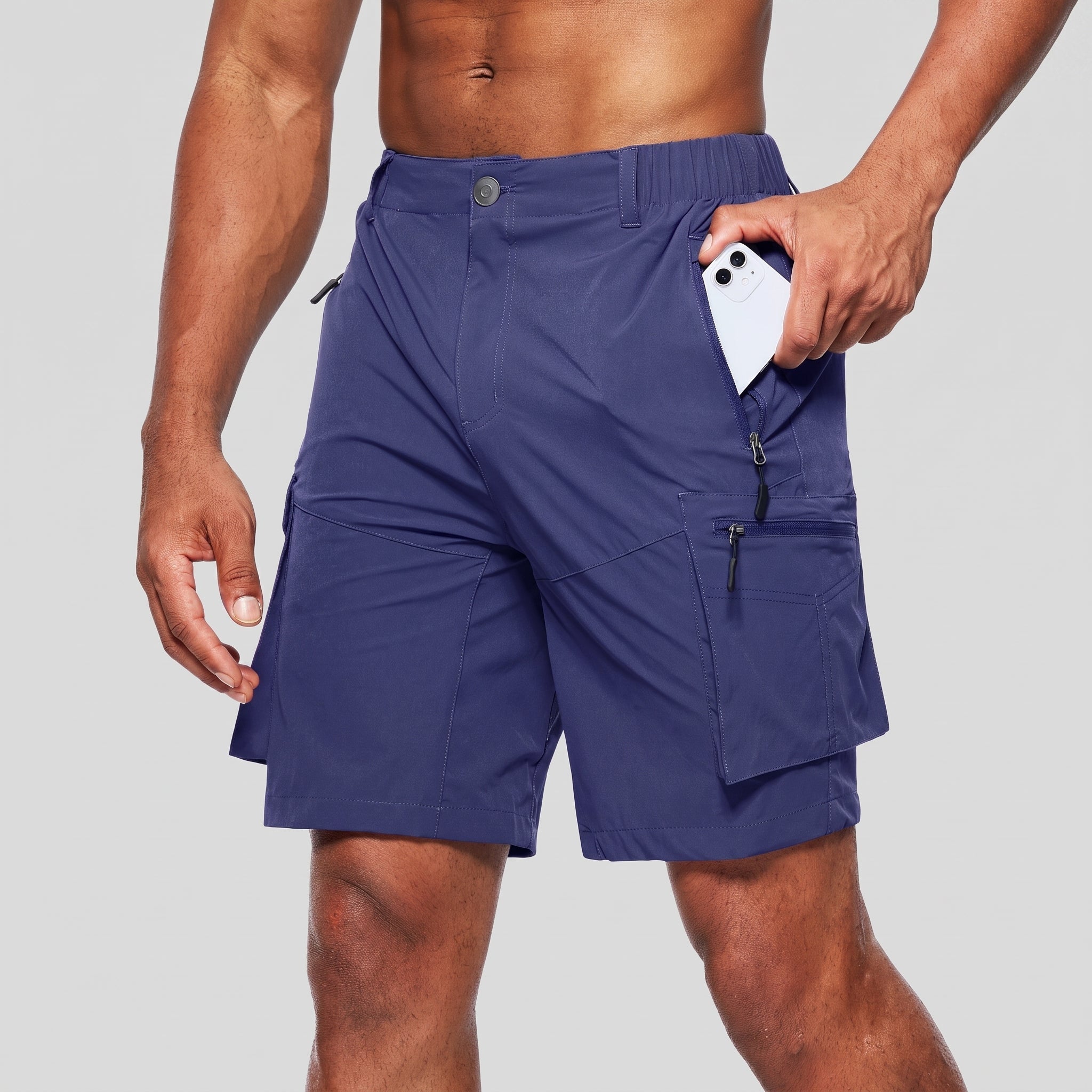 Charlie - Men's Summer Elastic Waist Zip Cargo Shorts - Shorts Men - Blue - Davies & Cooper