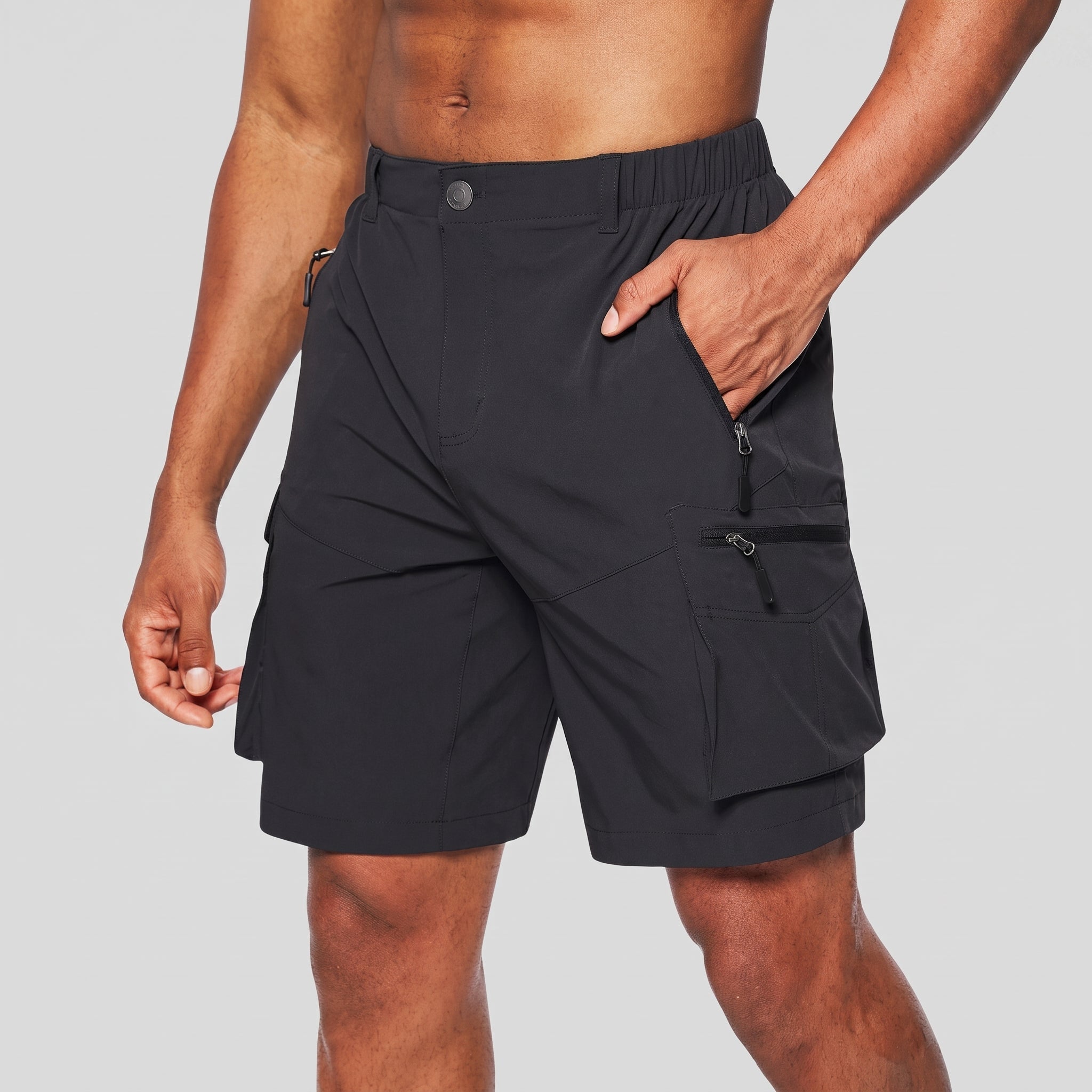 Charlie - Men's Summer Elastic Waist Zip Cargo Shorts - Shorts Men - Black - Davies & Cooper