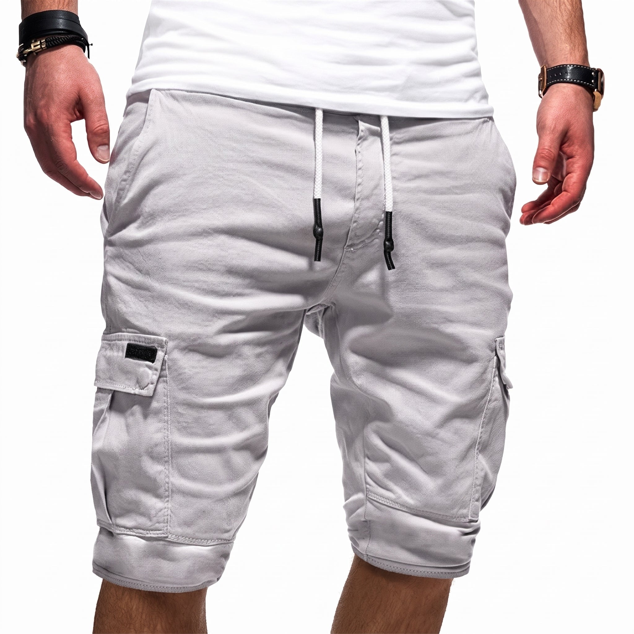Charlie - Men's Summer Relaxed Fit Drawstring Cargo Shorts - Shorts Men - White - Davies & Cooper