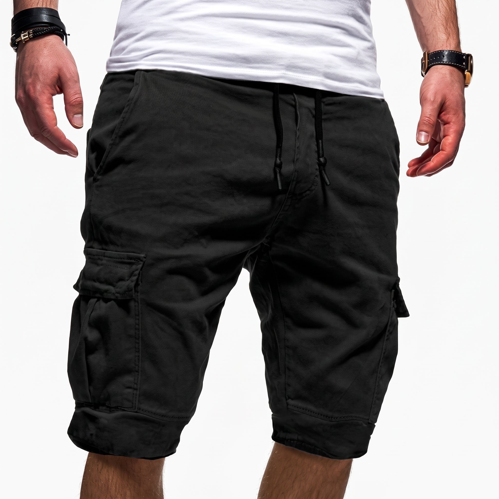 Charlie - Men's Summer Relaxed Fit Drawstring Cargo Shorts - Shorts Men - Black - Davies & Cooper