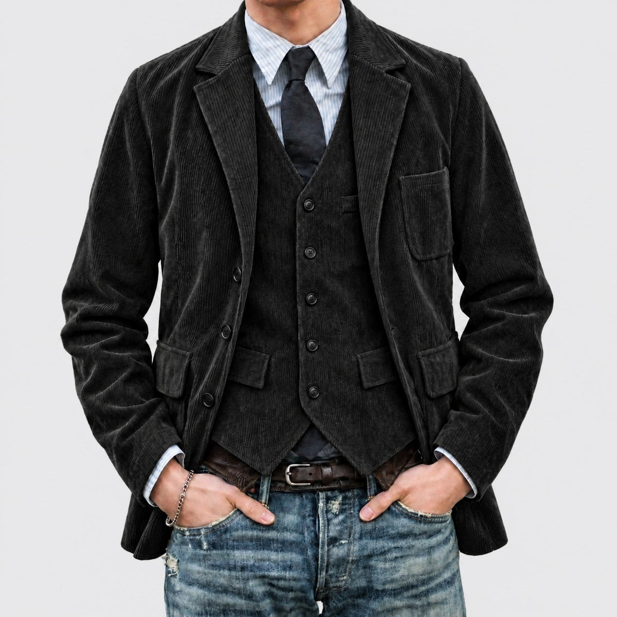Charlie - Men's Vintage Textured Notch Lapel Jacket with Waistcoat Set - Blazers - Black - Davies & Cooper