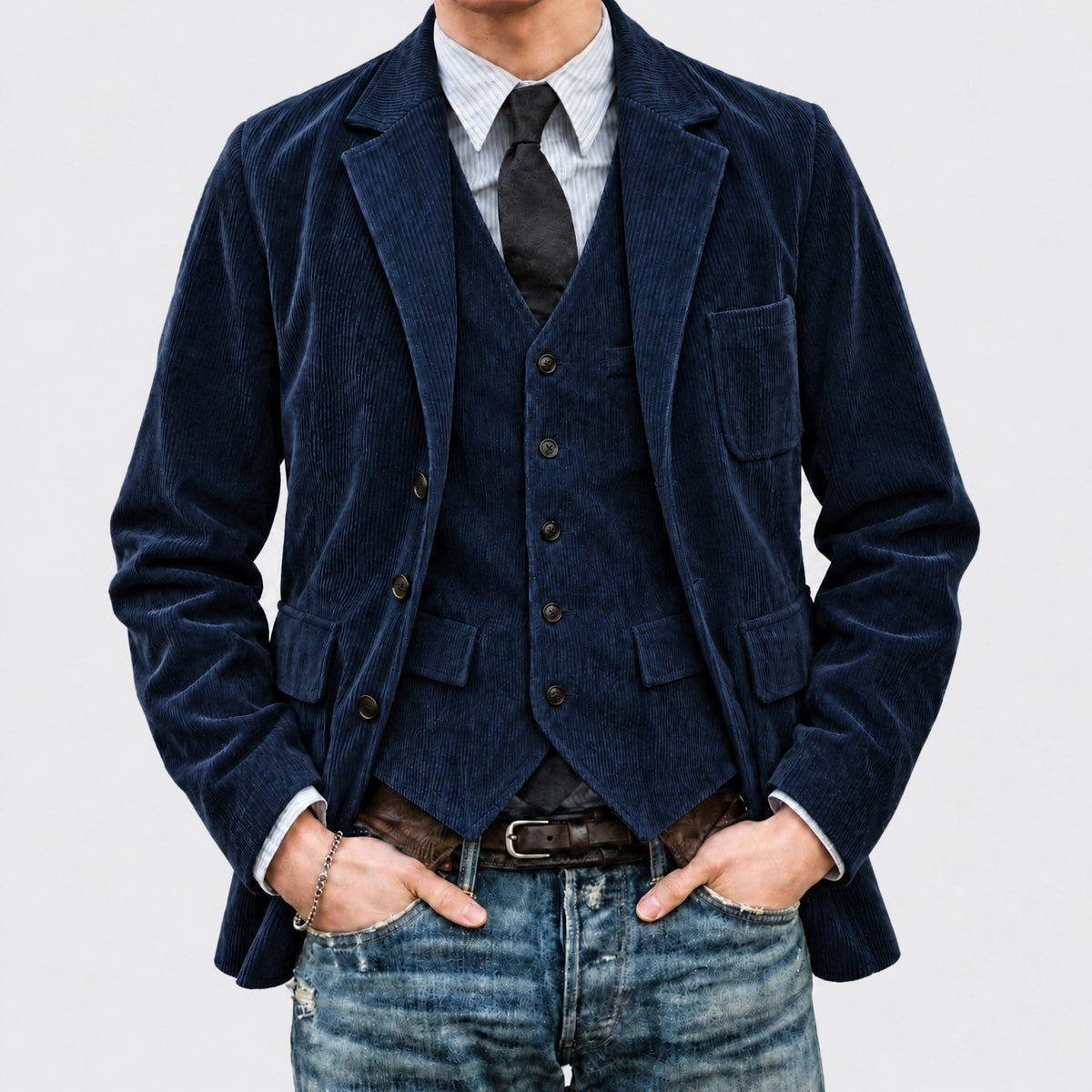 Charlie - Men's Vintage Textured Notch Lapel Jacket with Waistcoat Set - Blazers - Navy Blue - Davies & Cooper